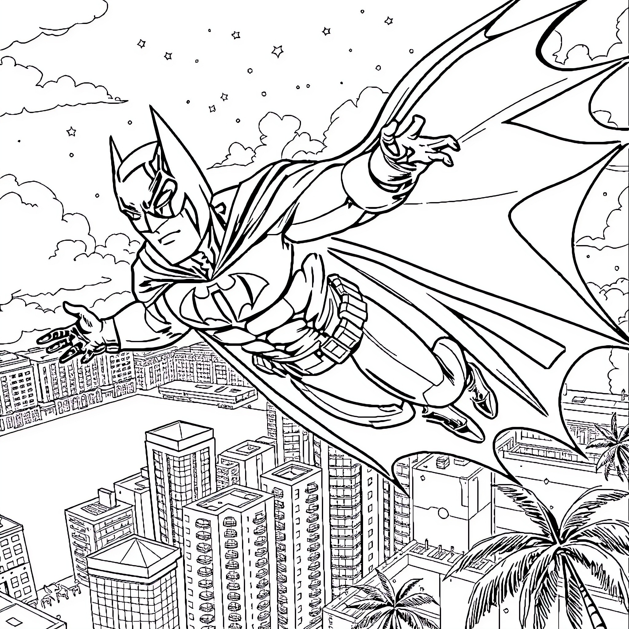 Bateman Soars Over City in Heroic Fashion Coloring Page (free black-and-white line drawing printable PDF for all, from beginners to advanced learners, including children, teens, adults, and seniors)