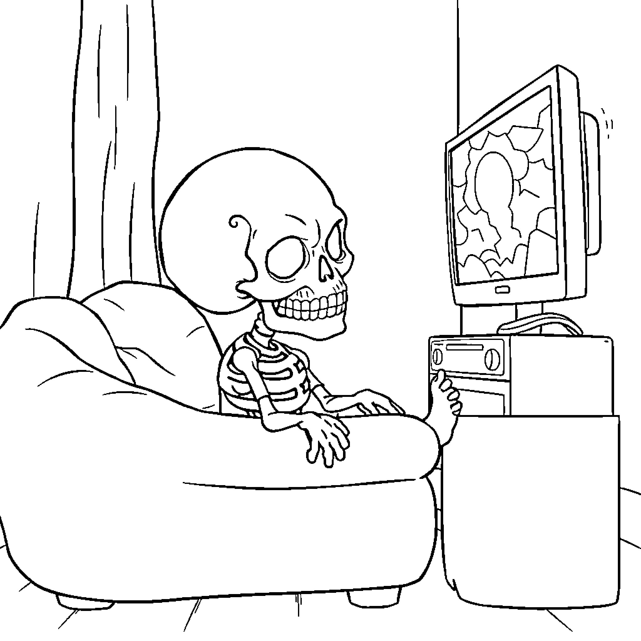 Skull relaxing on couch with laptop Coloring Page (free black-and-white line drawing printable PDF for all, from beginners to advanced learners, including children, teens, adults, and seniors)