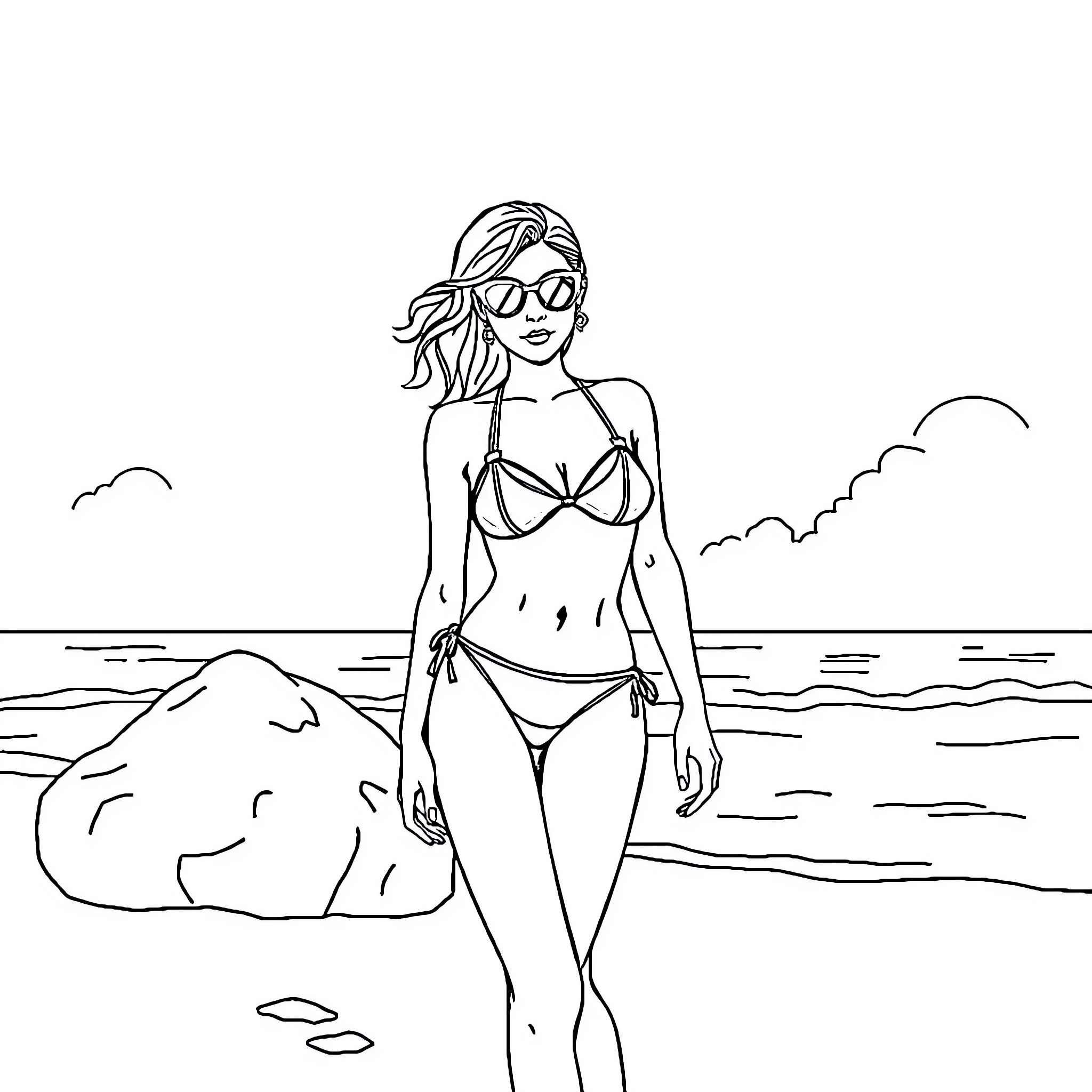 Girl in Bikini on the Beach Coloring Page (free black-and-white line drawing printable PDF for all, from beginners to advanced learners, including children, teens, adults, and seniors)