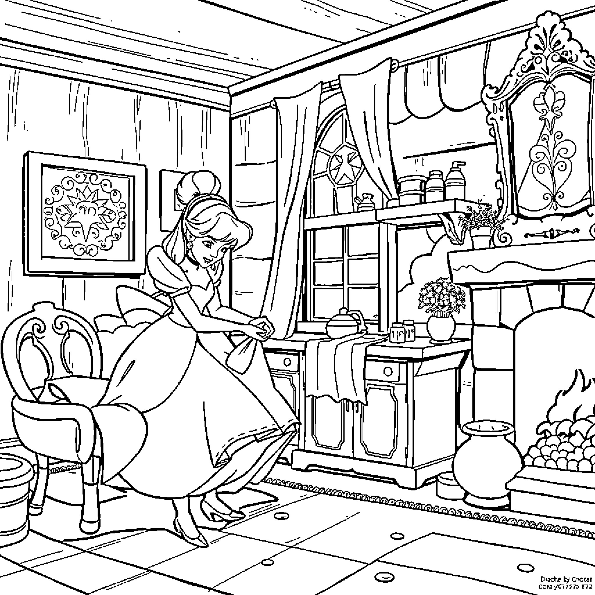 Cinderella sitting and sewing in a cozy room Coloring Page (free black-and-white line drawing printable PDF for all, from beginners to advanced learners, including children, teens, adults, and seniors)