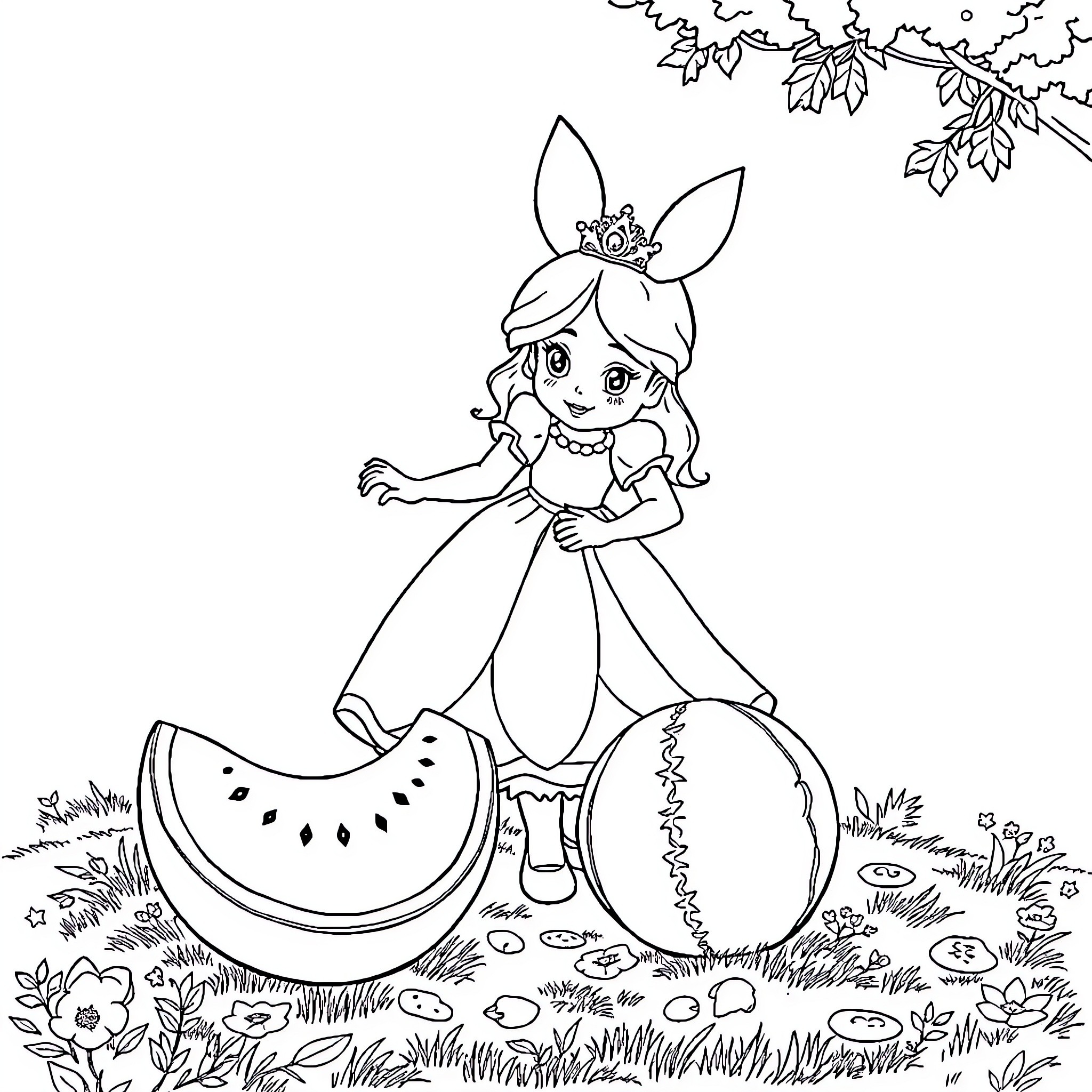 Cinderella having a picnic in nature Coloring Page (free black-and-white line drawing printable PDF for all, from beginners to advanced learners, including children, teens, adults, and seniors)