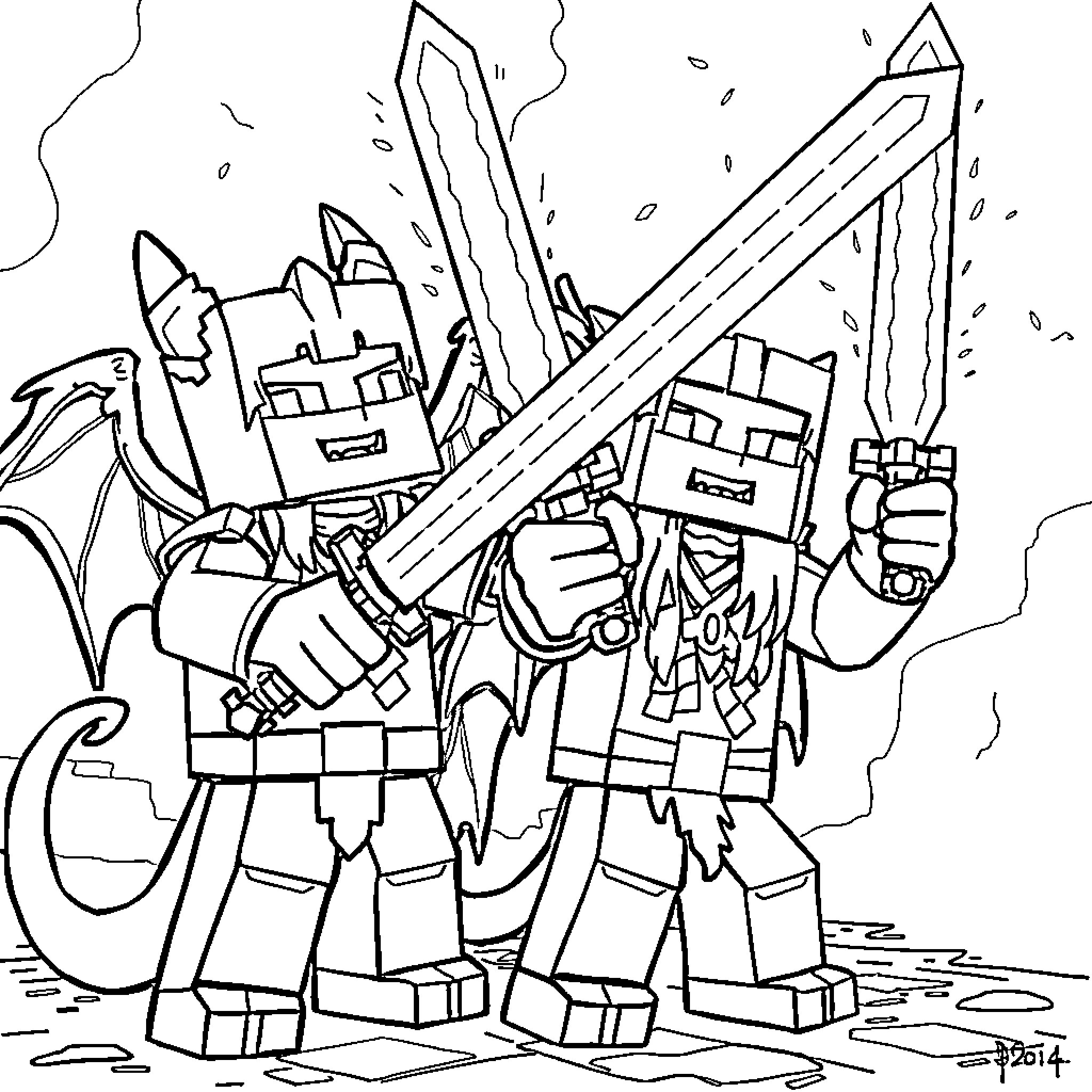 Minecraft Villager Wielding Powerful Weapons in Battle Coloring Page (free black-and-white line drawing printable PDF for all, from beginners to advanced learners, including children, teens, adults, and seniors)