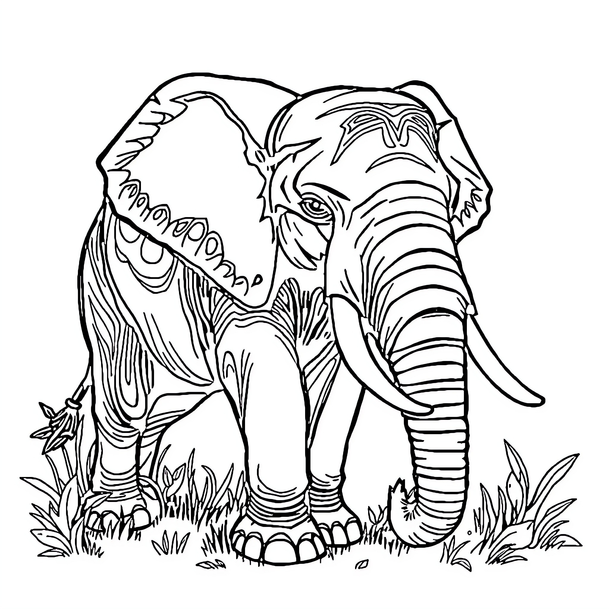 Elephant standing proudly in the wild Coloring Page (free black-and-white line drawing printable PDF for all, from beginners to advanced learners, including children, teens, adults, and seniors)