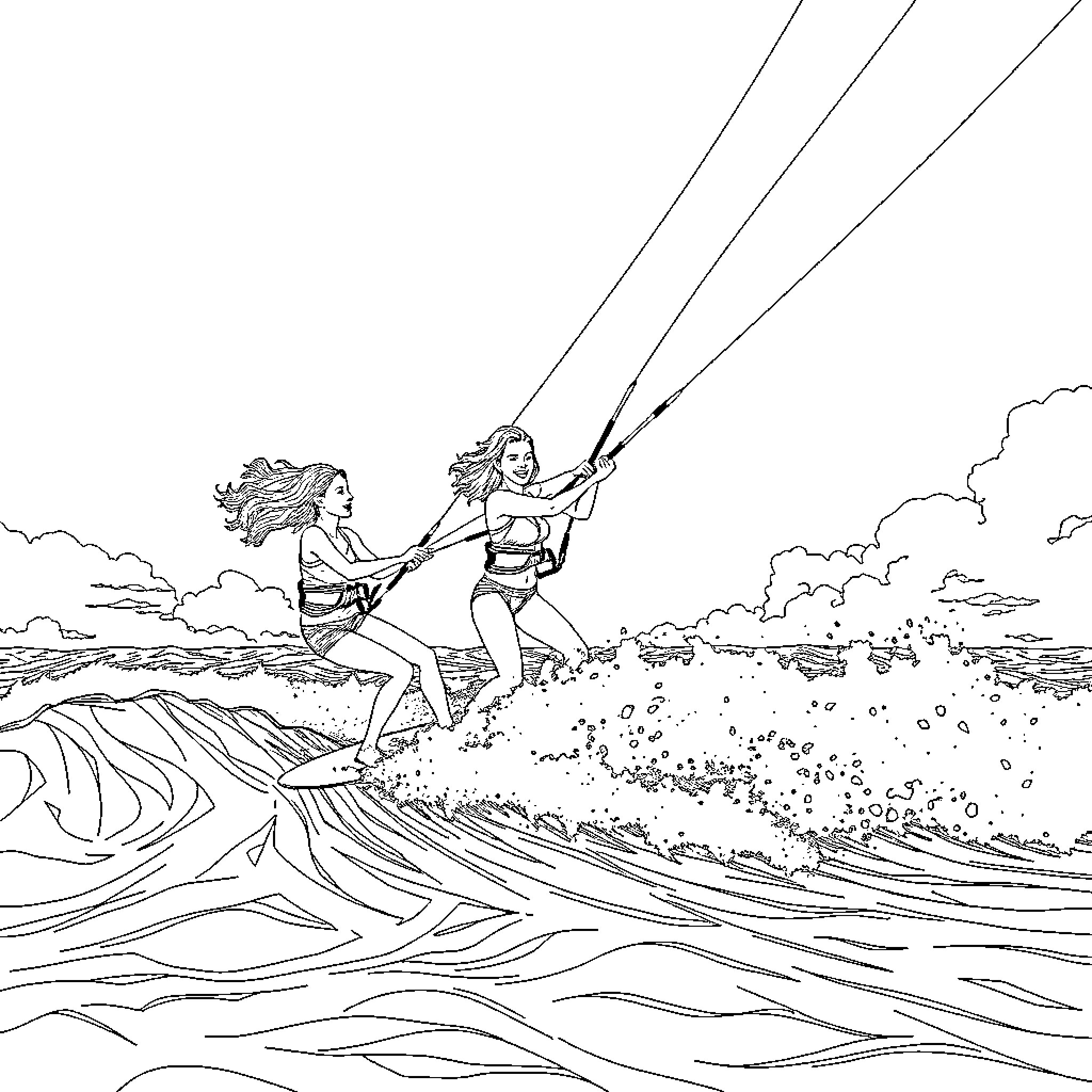 Woman surfing on a wave with enthusiasm Coloring Page (free black-and-white line drawing printable PDF for all, from beginners to advanced learners, including children, teens, adults, and seniors)