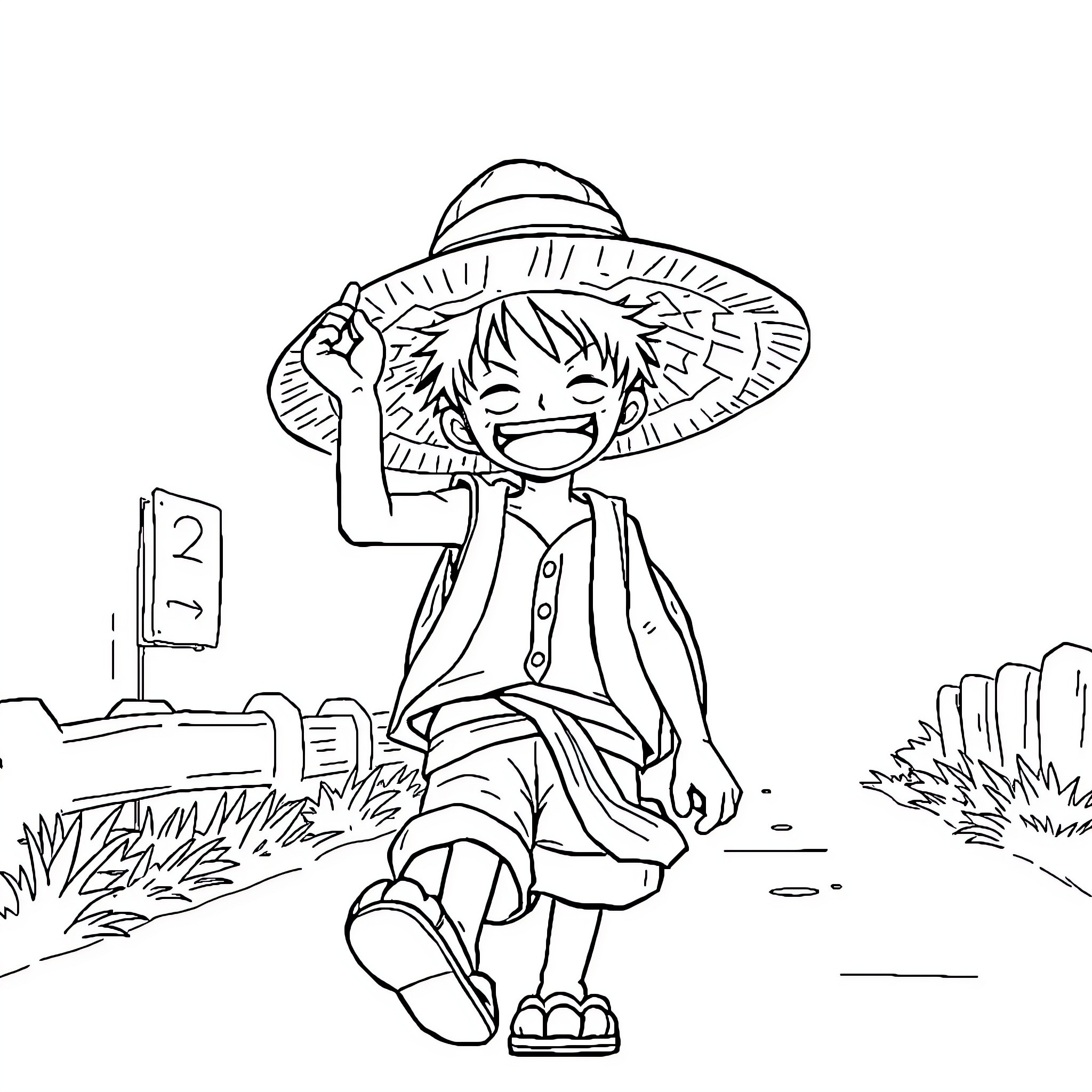 Luffy's Cheerful Adventure in the Outdoors Coloring Page (free black-and-white line drawing printable PDF for all, from beginners to advanced learners, including children, teens, adults, and seniors)