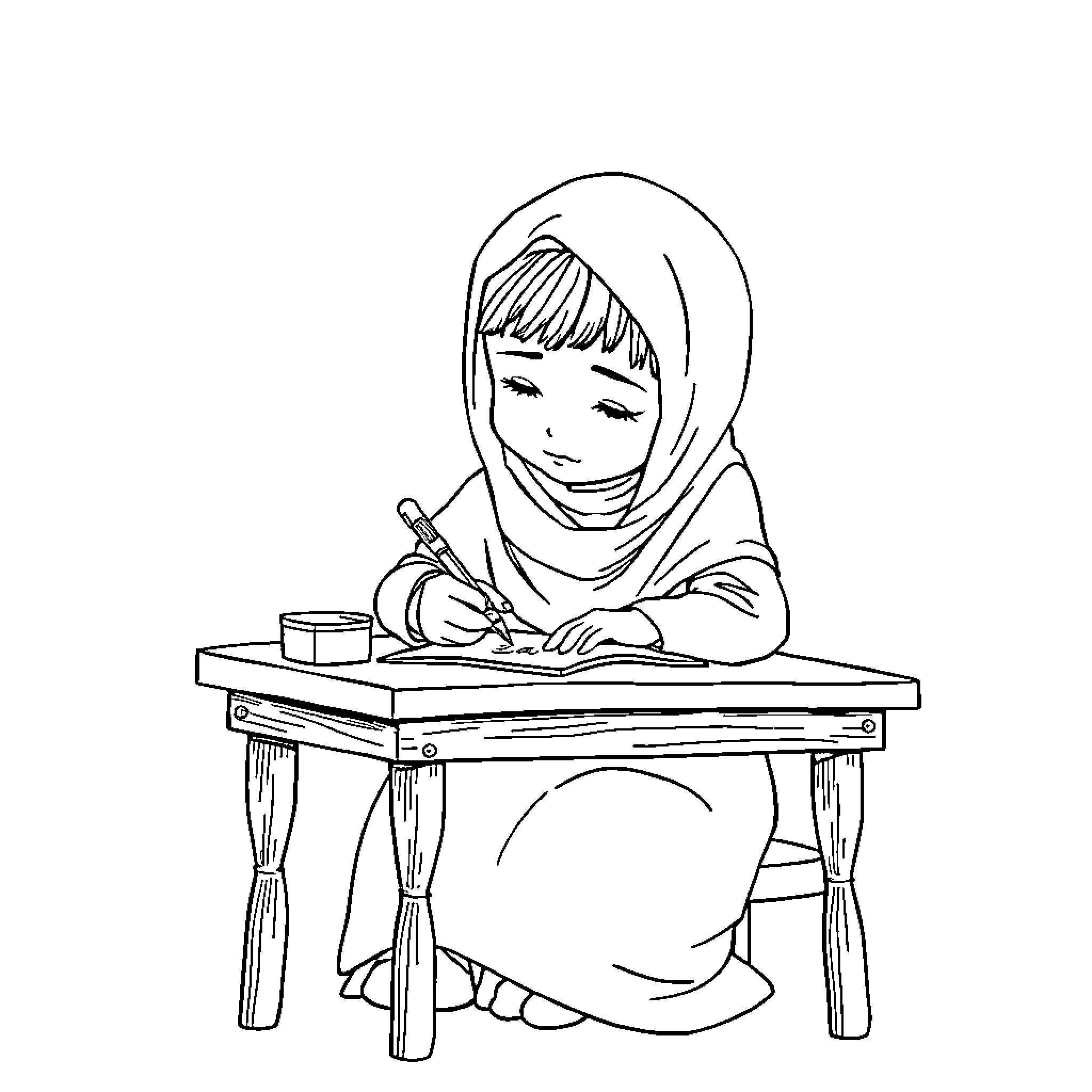 Muslim Girl Studying Intently at Her Desk Coloring Page (free black-and-white line drawing printable PDF for all, from beginners to advanced learners, including children, teens, adults, and seniors)
