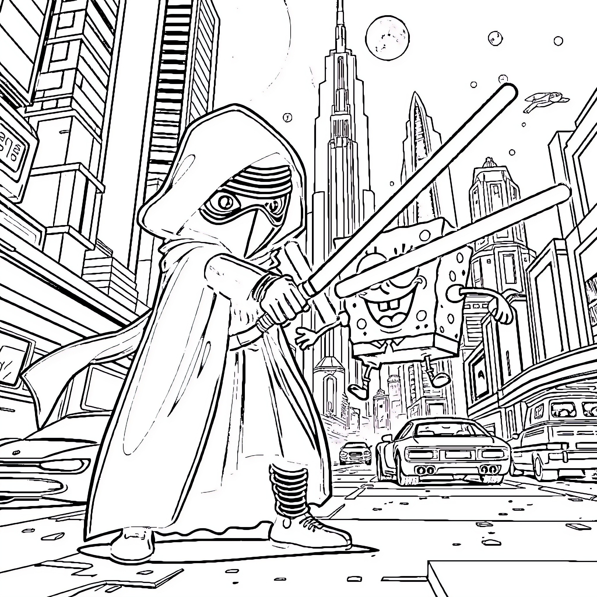 Kylo Ren's Menacing Presence in the Futuristic City Coloring Page (free black-and-white line drawing printable PDF for all, from beginners to advanced learners, including children, teens, adults, and seniors)