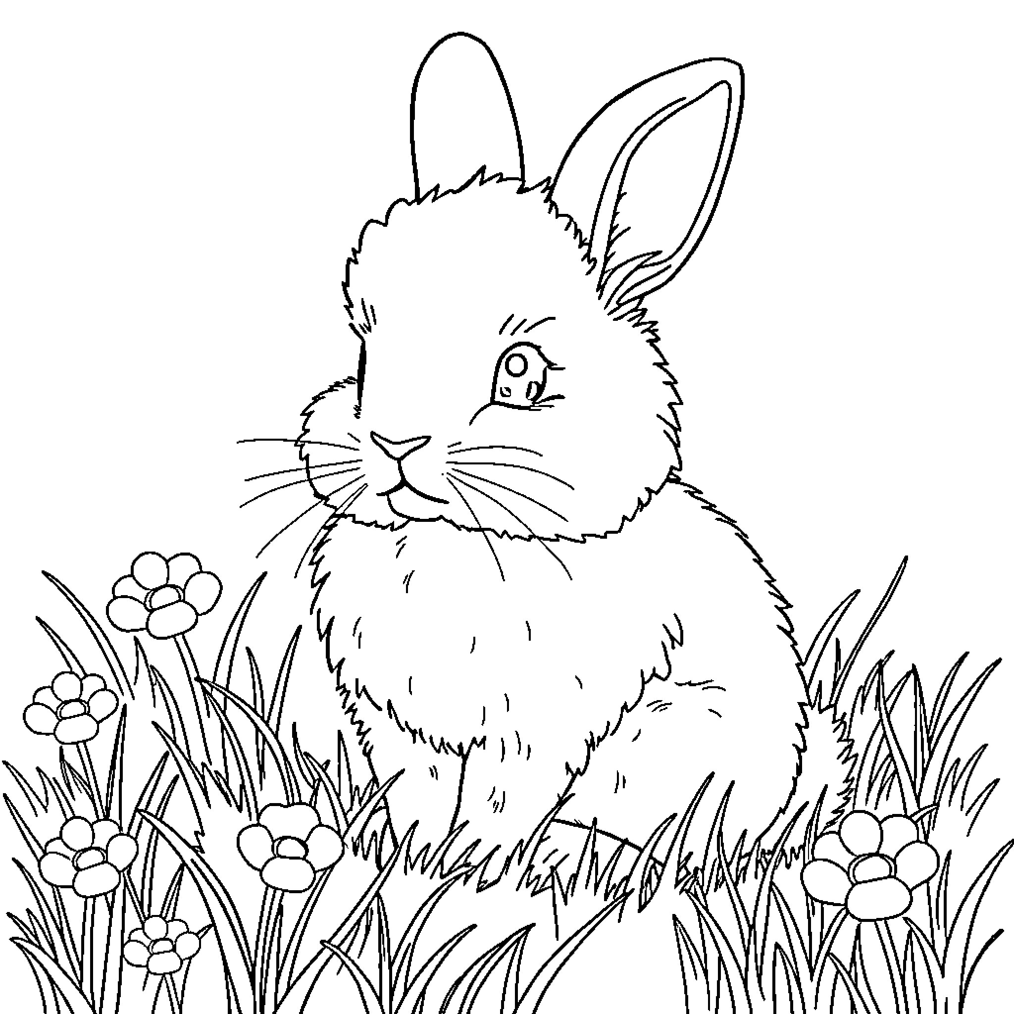 Bunny resting peacefully in a floral meadow Coloring Page (free black-and-white line drawing printable PDF for all, from beginners to advanced learners, including children, teens, adults, and seniors)
