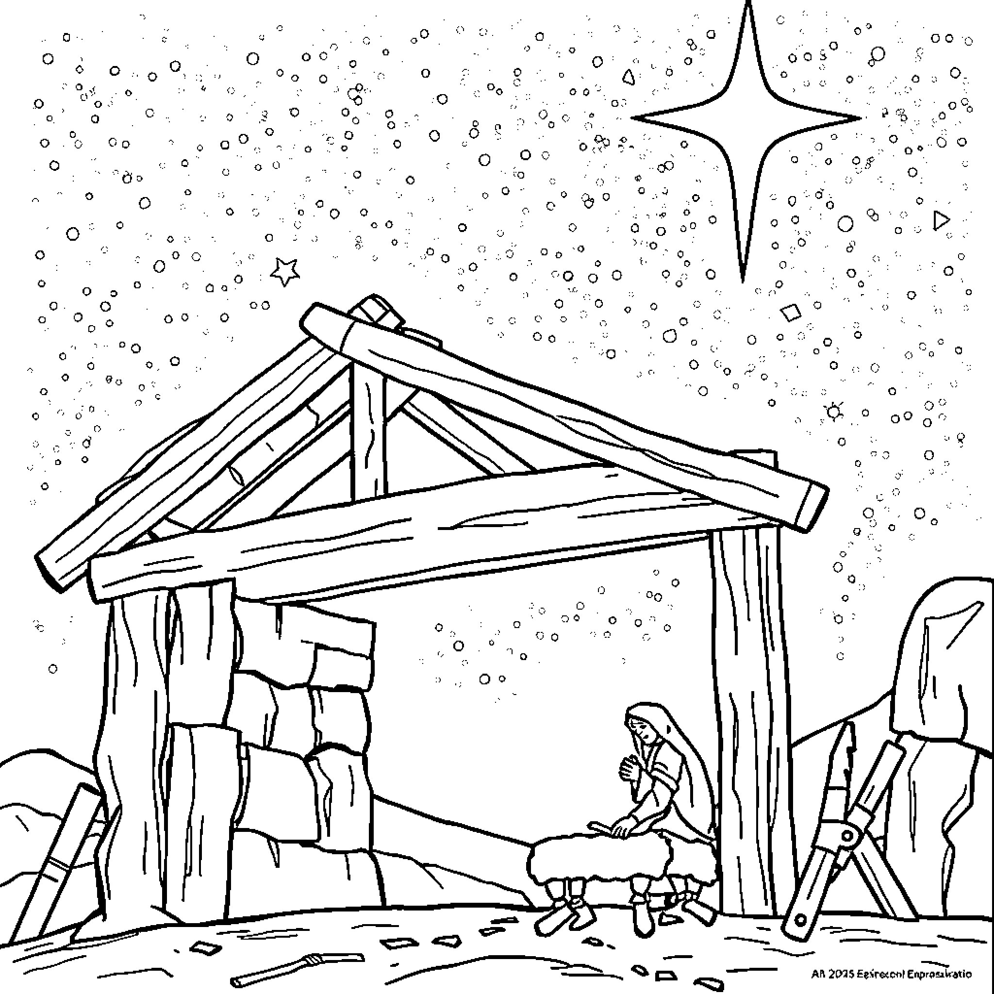Noah's Nativity Scene in the Starry Night Coloring Page (free black-and-white line drawing printable PDF for all, from beginners to advanced learners, including children, teens, adults, and seniors)