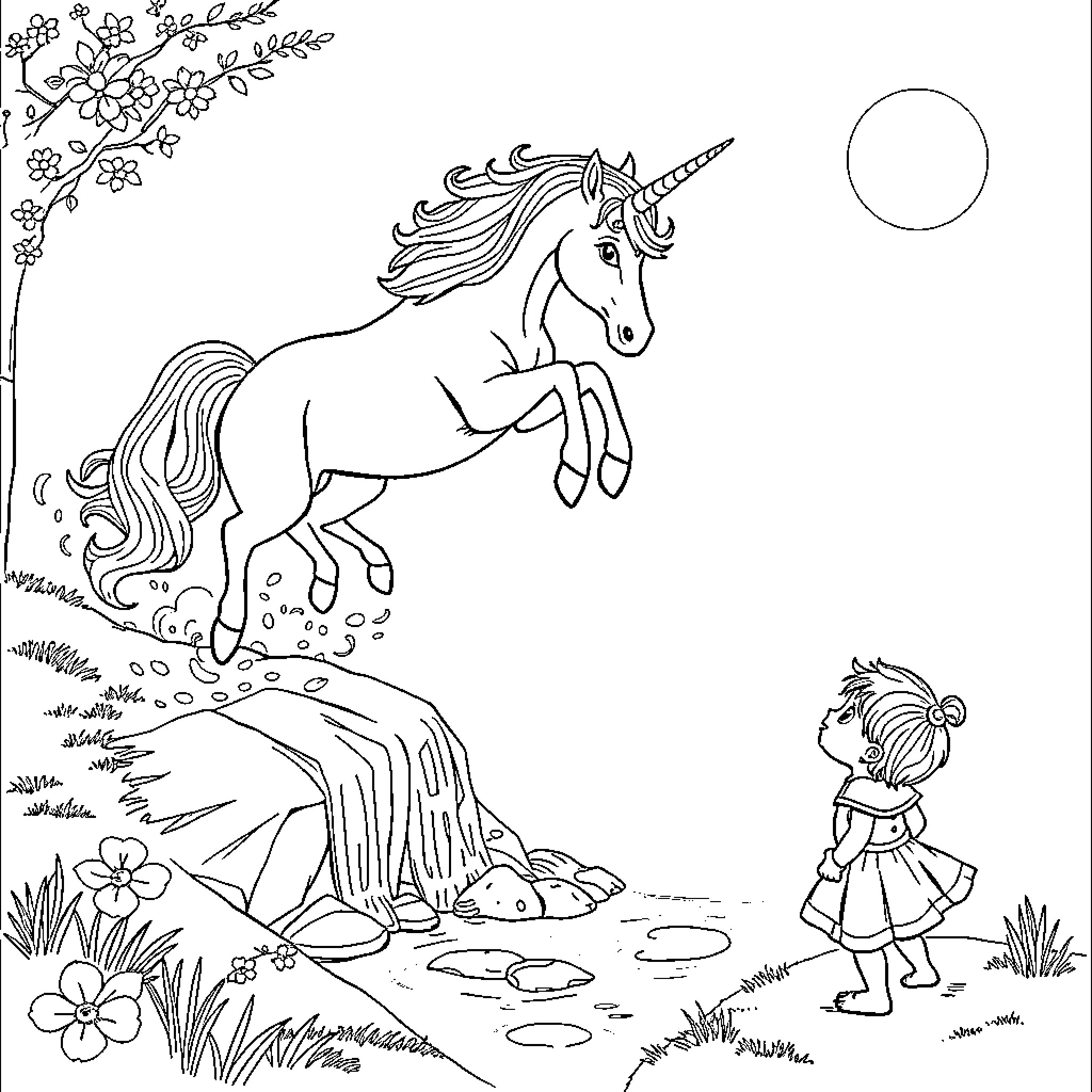 Unicorn galloping through a magical woodland scene Coloring Page (free black-and-white line drawing printable PDF for all, from beginners to advanced learners, including children, teens, adults, and seniors)