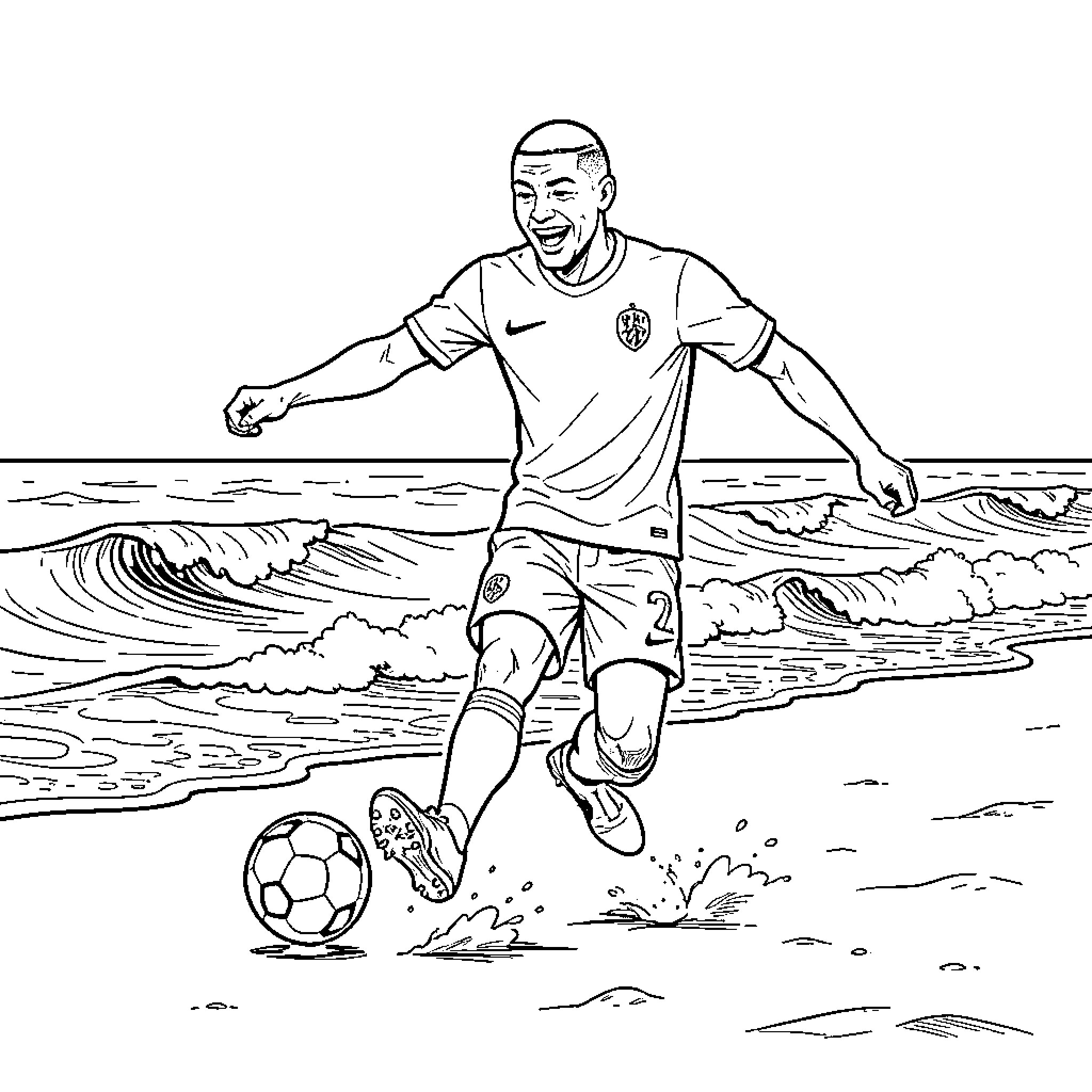 Mbappe playing soccer on a sandy beach Coloring Page (free black-and-white line drawing printable PDF for all, from beginners to advanced learners, including children, teens, adults, and seniors)