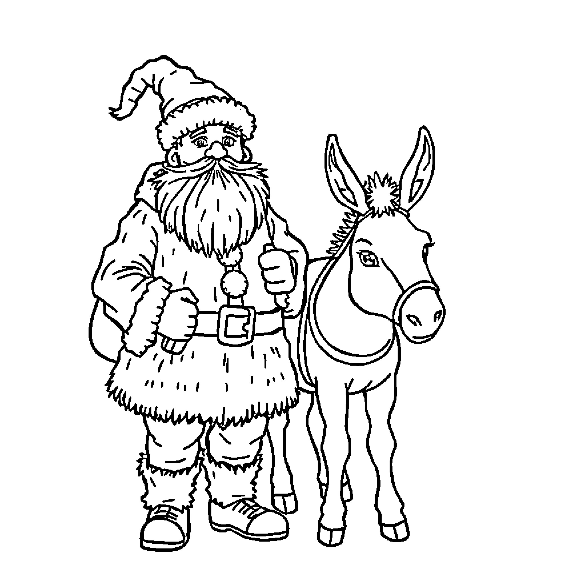 Olentzero and his donkey companion Coloring Page (free black-and-white line drawing printable PDF for all, from beginners to advanced learners, including children, teens, adults, and seniors)