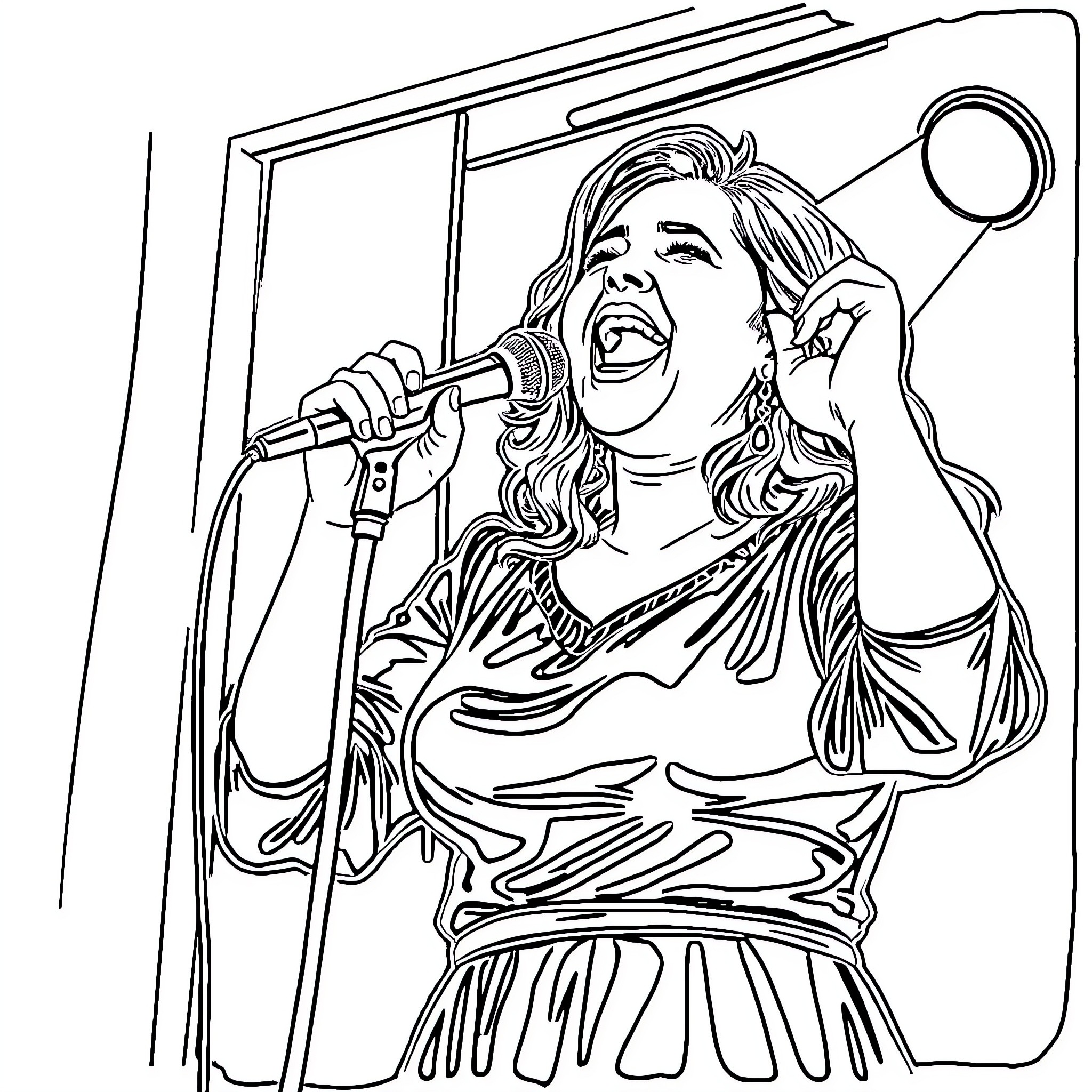 Karol G Performing on Stage with Microphone Coloring Page (free black-and-white line drawing printable PDF for all, from beginners to advanced learners, including children, teens, adults, and seniors)