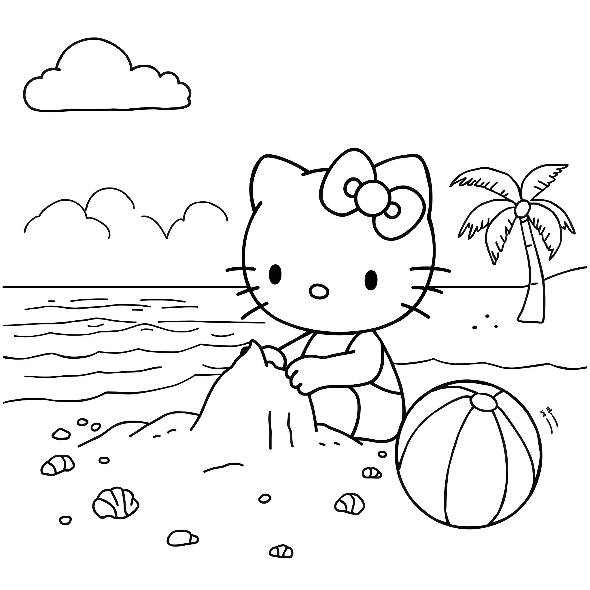 Hello Kitty enjoying a beach day Coloring Page (free black-and-white line drawing printable PDF for all, from beginners to advanced learners, including children, teens, adults, and seniors)
