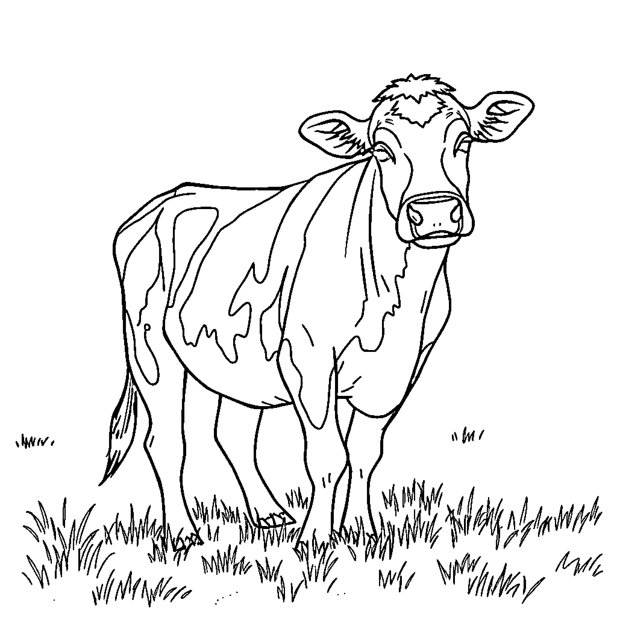 Cow standing in a grassy field Coloring Page (free black-and-white line drawing printable PDF for all, from beginners to advanced learners, including children, teens, adults, and seniors)