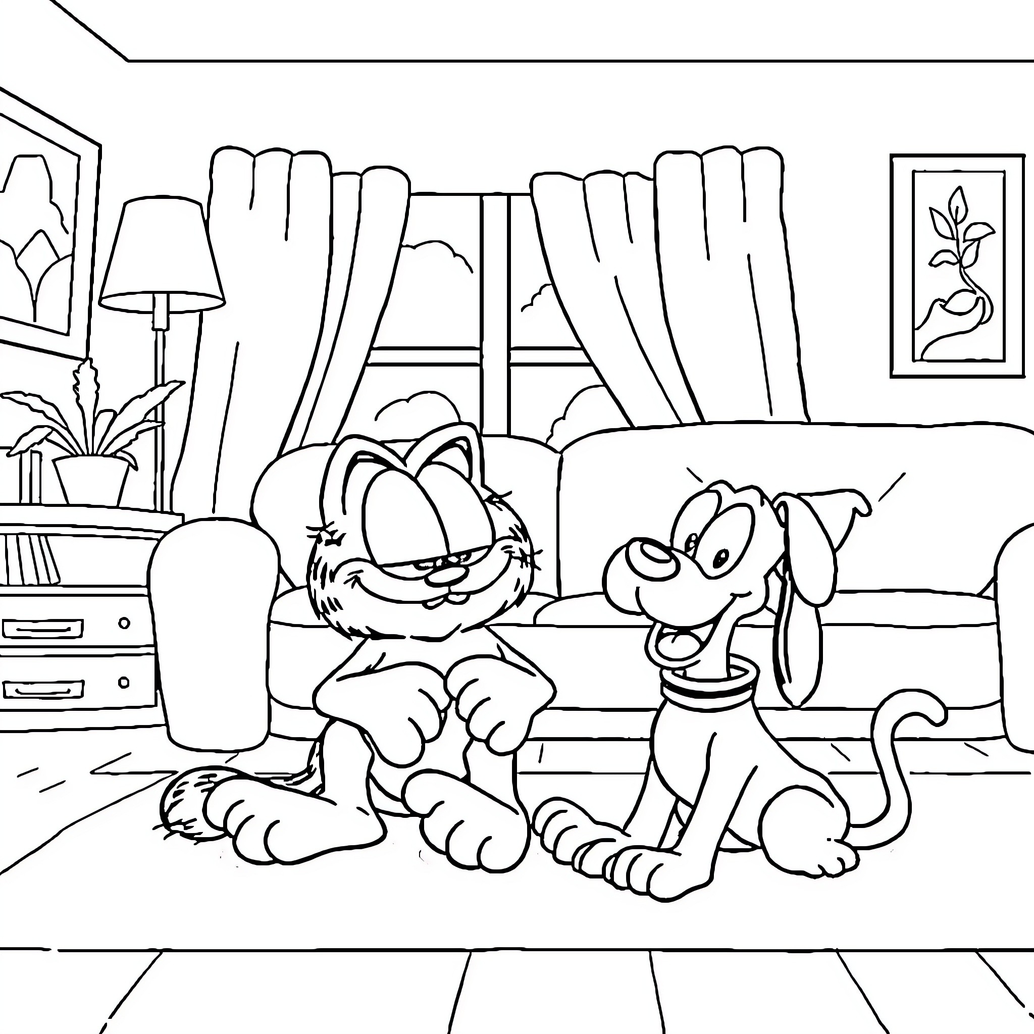 Garfield and Odie lounging in the living room Coloring Page (free black-and-white line drawing printable PDF for all, from beginners to advanced learners, including children, teens, adults, and seniors)