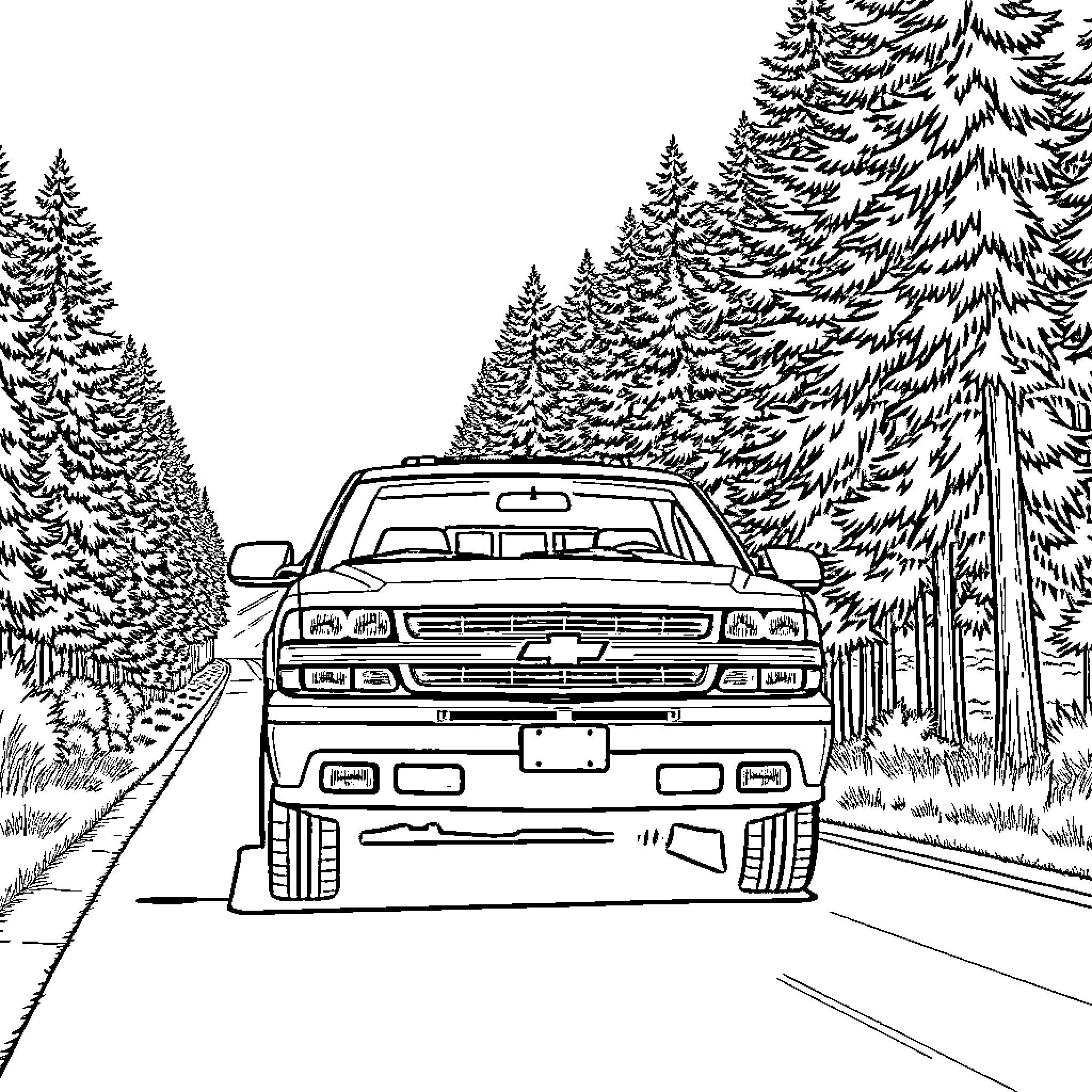 Chevrolet Tahoe traversing through snowy forest landscape Coloring Page (free black-and-white line drawing printable PDF for all, from beginners to advanced learners, including children, teens, adults, and seniors)