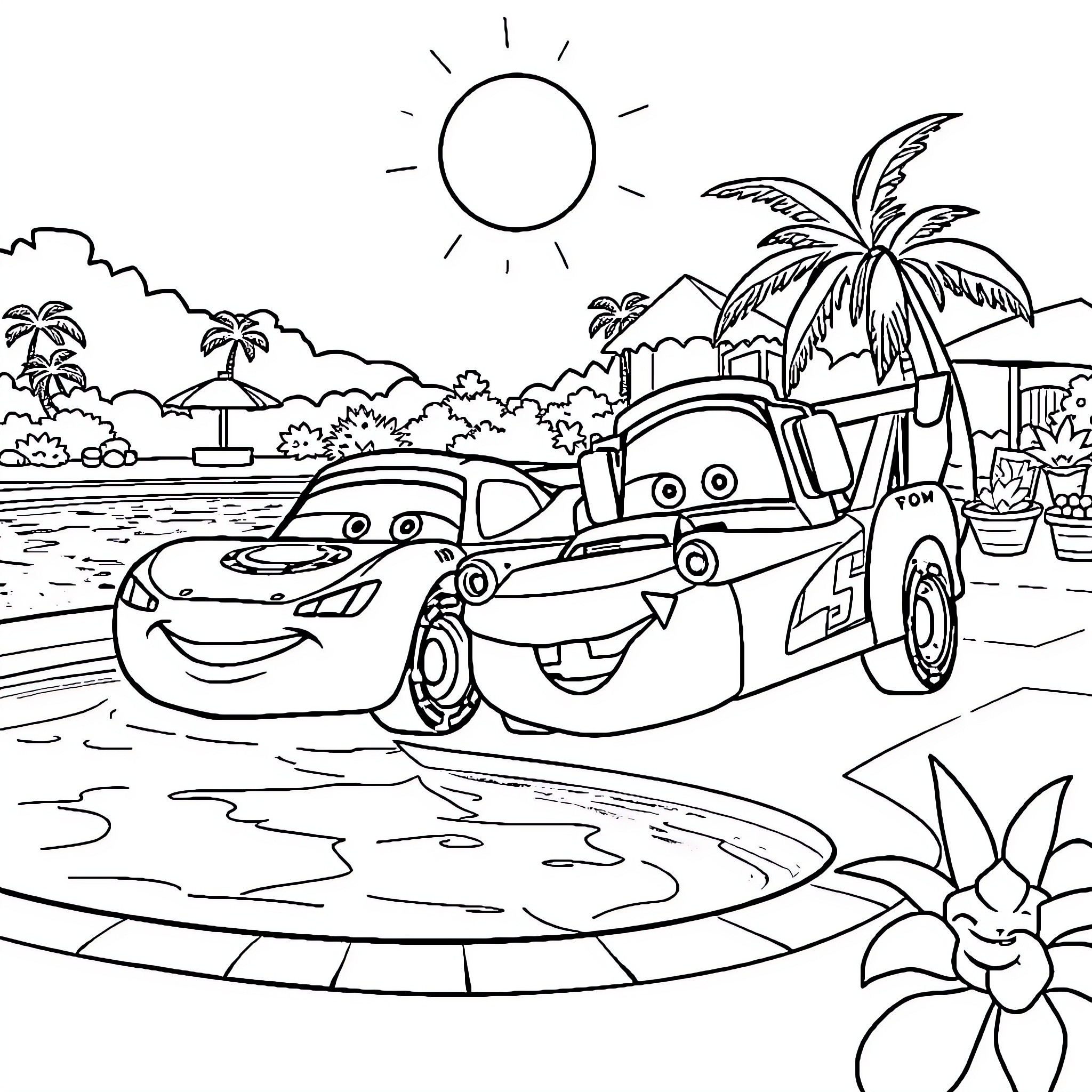 Lightning McQueen enjoying a sunny beach day Coloring Page (free black-and-white line drawing printable PDF for all, from beginners to advanced learners, including children, teens, adults, and seniors)