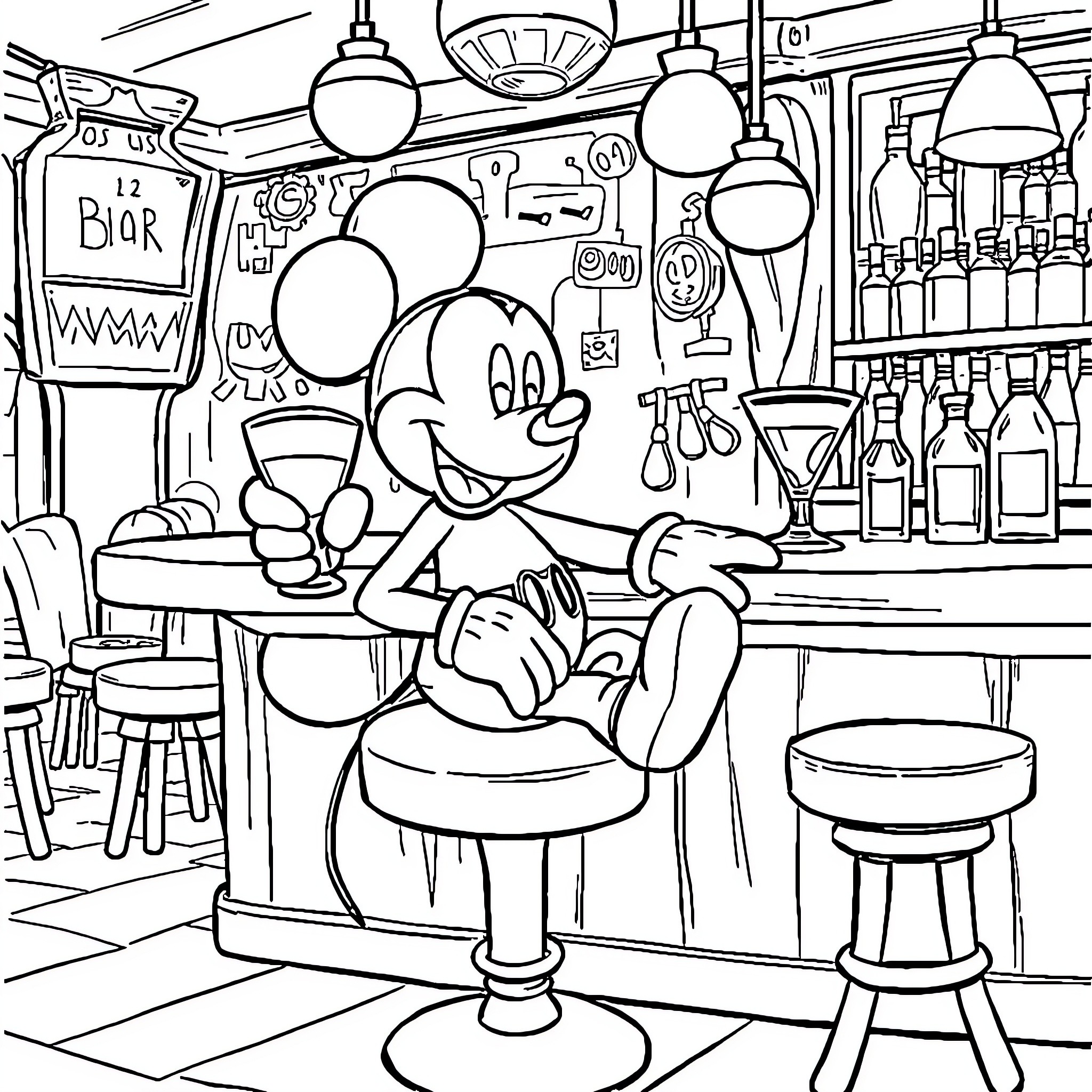 Mickey Mouse working cheerfully at a bar Coloring Page (free black-and-white line drawing printable PDF for all, from beginners to advanced learners, including children, teens, adults, and seniors)