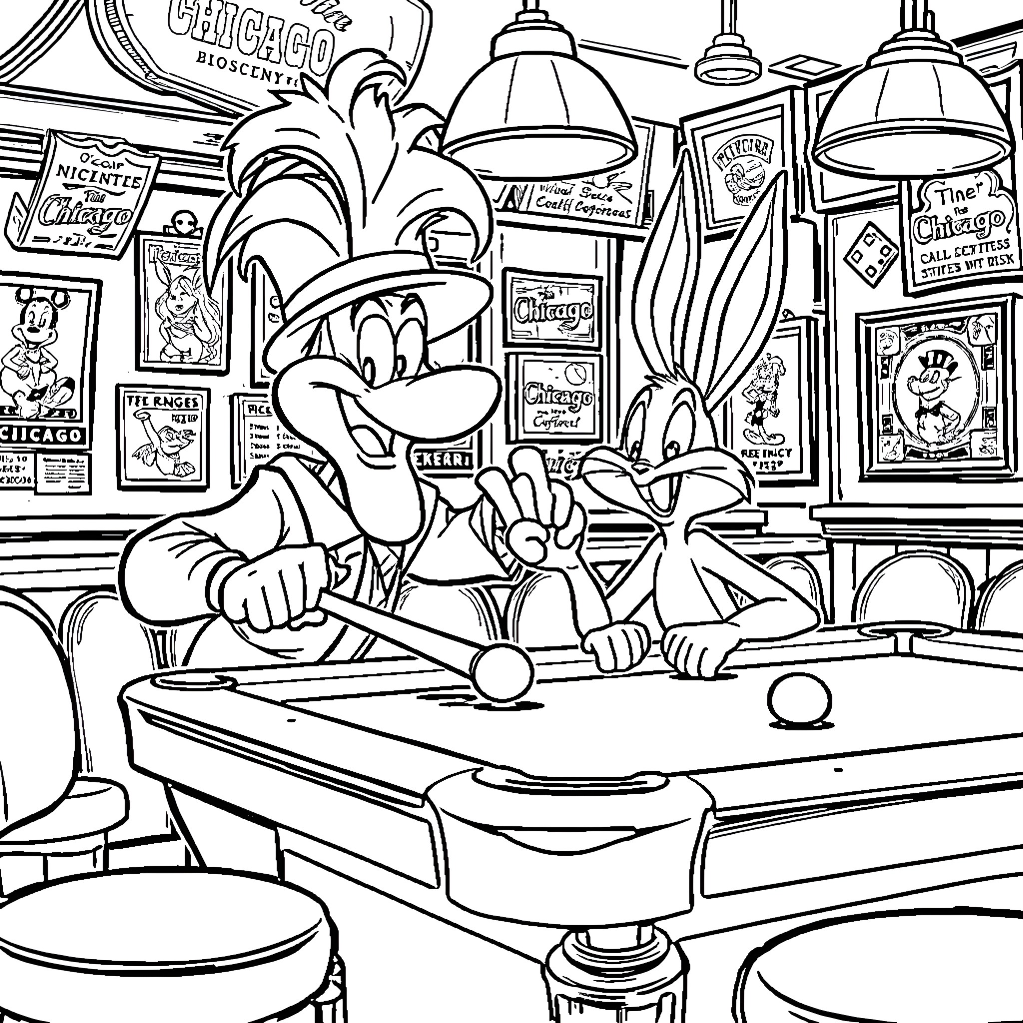 Foghorn Leghorn playing pool in a lively circus setting Coloring Page (free black-and-white line drawing printable PDF for all, from beginners to advanced learners, including children, teens, adults, and seniors)