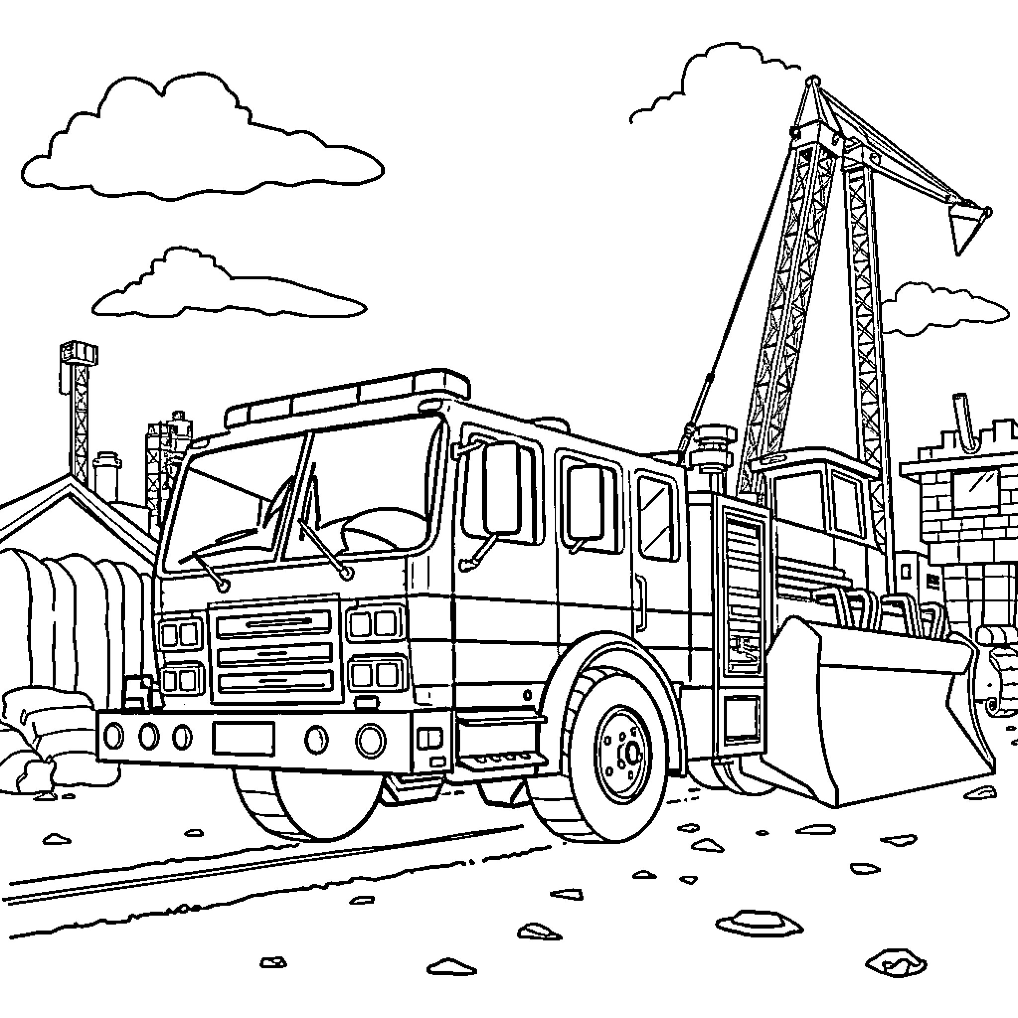 Fire Truck Responding to Emergency Scene Coloring Page (free black-and-white line drawing printable PDF for all, from beginners to advanced learners, including children, teens, adults, and seniors)