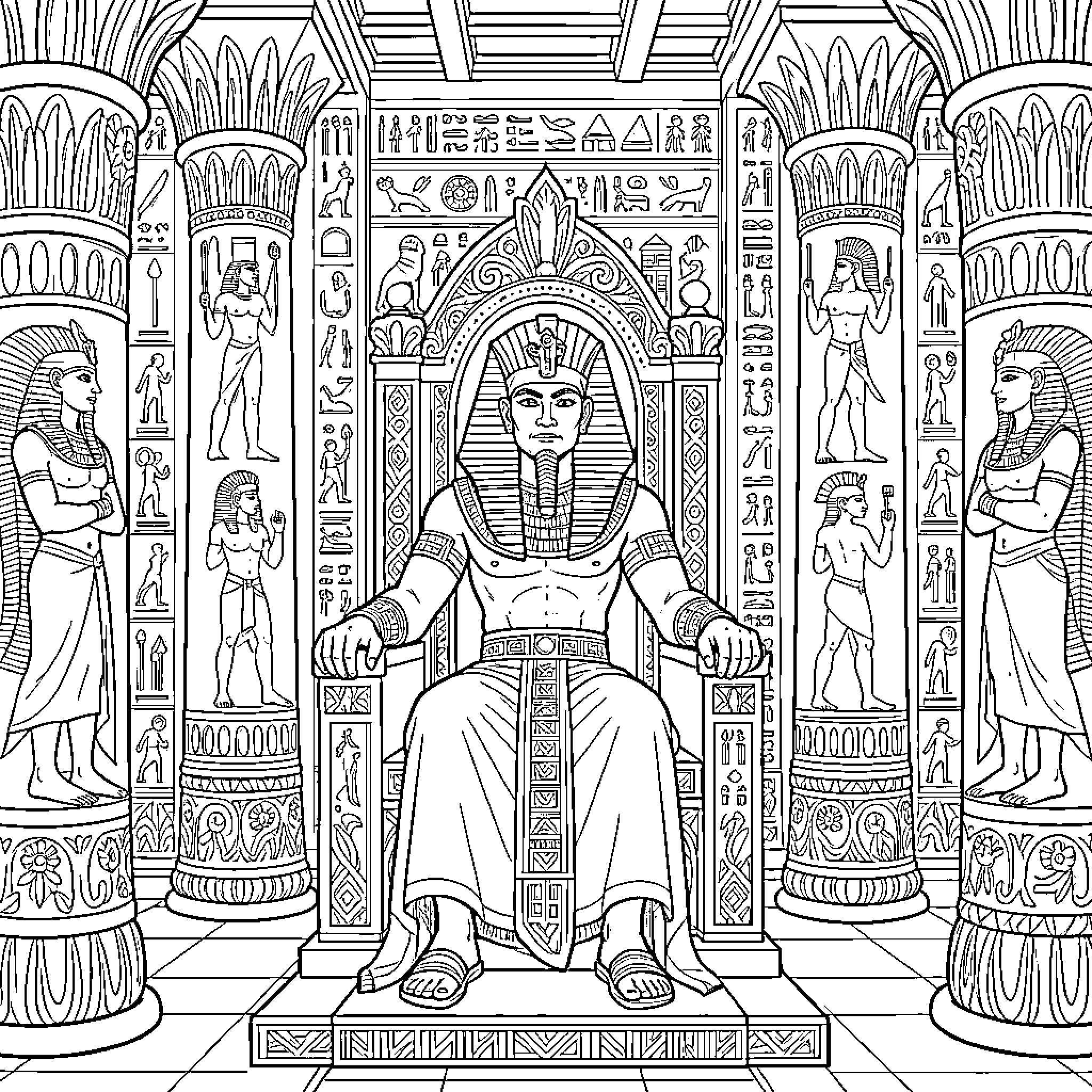 Pharaoh Presiding Over Ancient Egyptian Throne Room Coloring Page (free black-and-white line drawing printable PDF for all, from beginners to advanced learners, including children, teens, adults, and seniors)