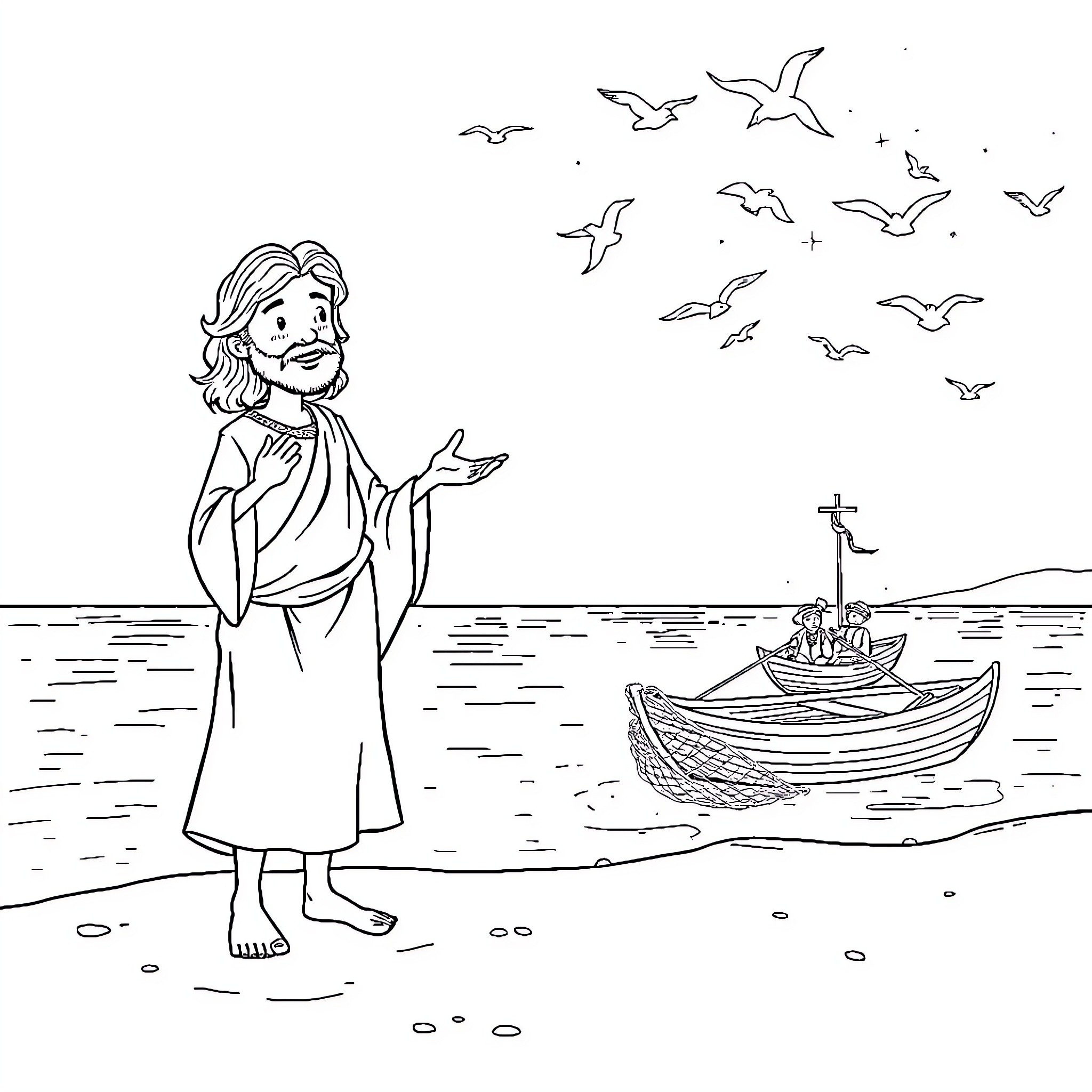 Jesus calms the stormy sea with his disciples Coloring Page (free black-and-white line drawing printable PDF for all, from beginners to advanced learners, including children, teens, adults, and seniors)