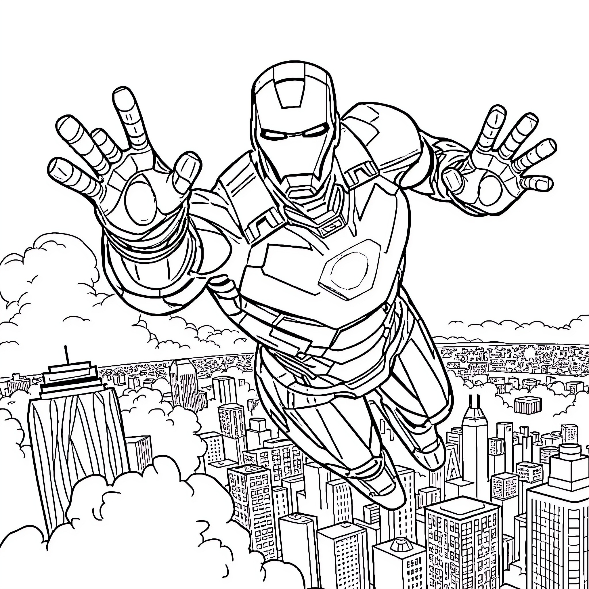 Ironman flying heroically over city skyline Coloring Page (free black-and-white line drawing printable PDF for all, from beginners to advanced learners, including children, teens, adults, and seniors)