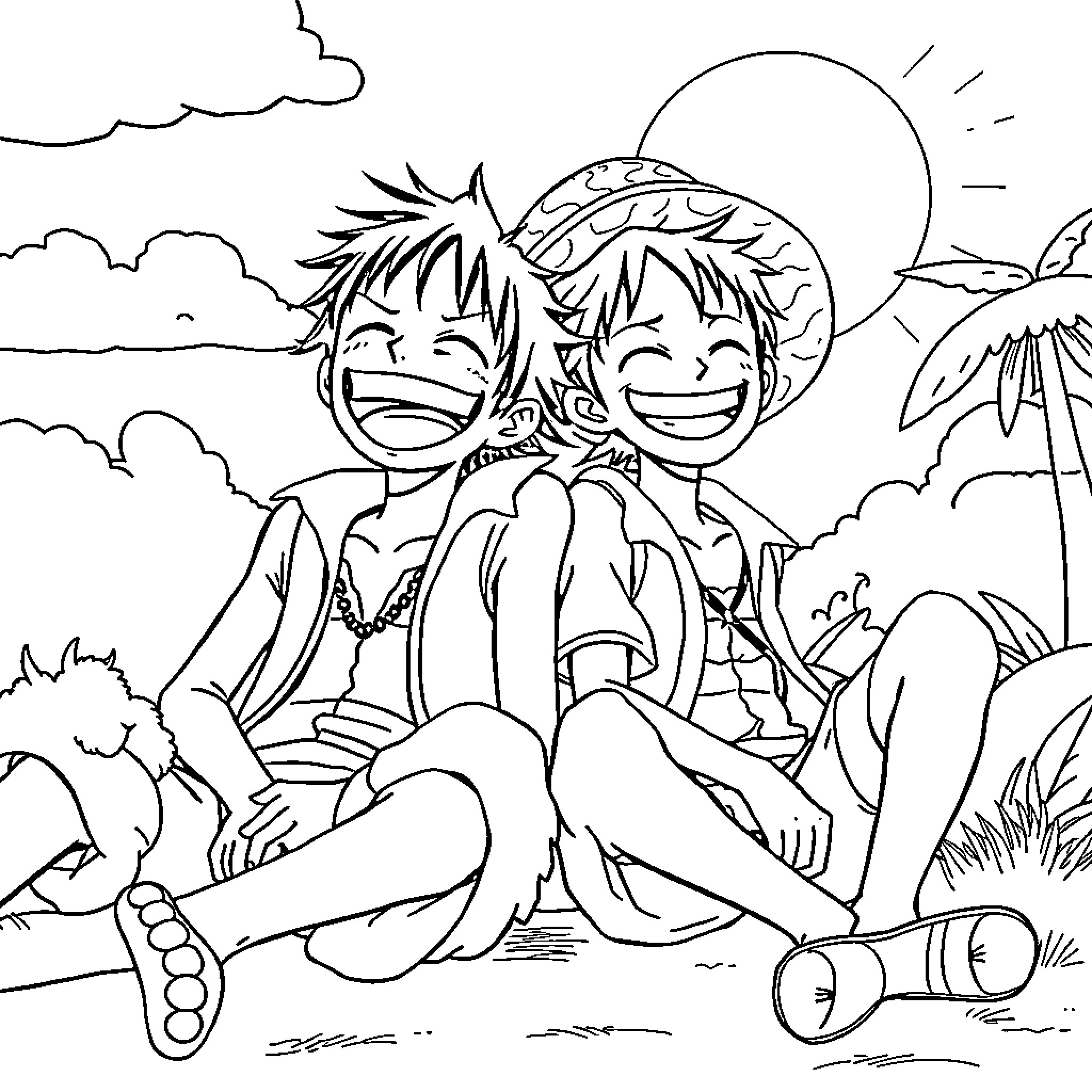 Luffy's Carefree Adventure in the Tropical Landscape Coloring Page (free black-and-white line drawing printable PDF for all, from beginners to advanced learners, including children, teens, adults, and seniors)