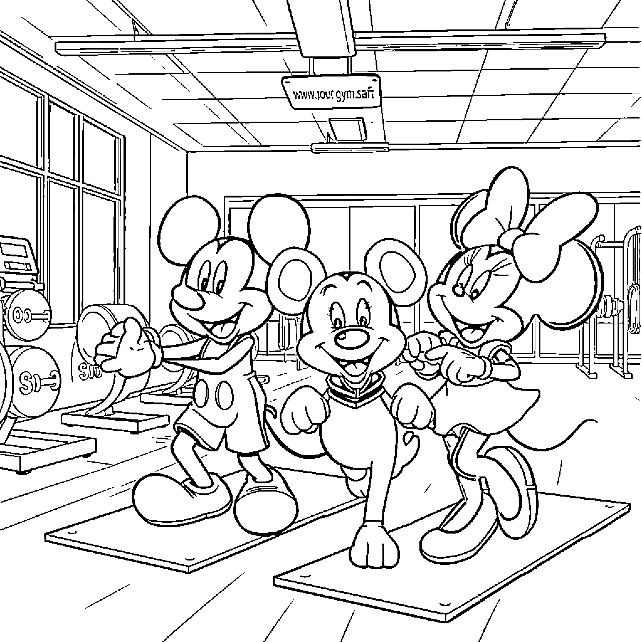 Dog Characters Exercising in a Gym Coloring Page (free black-and-white line drawing printable PDF for all, from beginners to advanced learners, including children, teens, adults, and seniors)