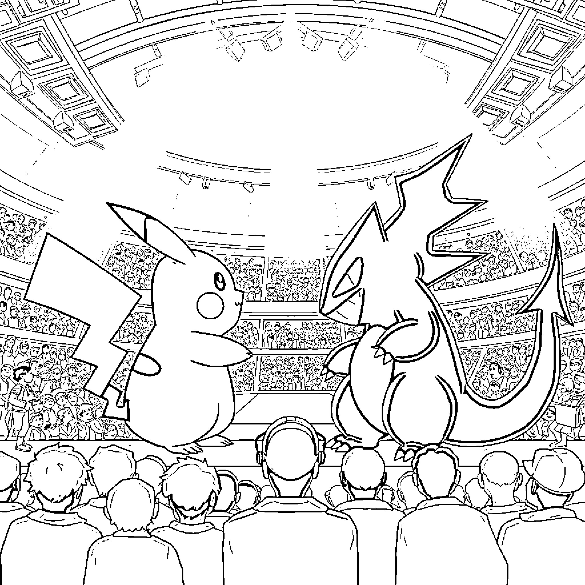 Pikachu Pokemon Battle in Stadium Coloring Page (free black-and-white line drawing printable PDF for all, from beginners to advanced learners, including children, teens, adults, and seniors)