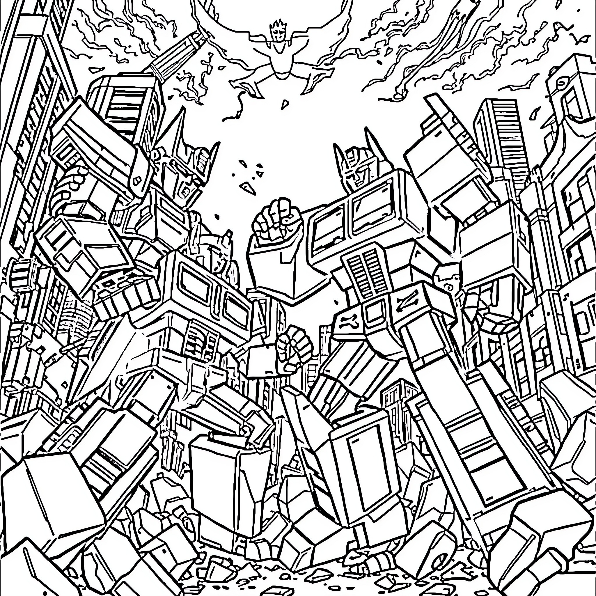 Optimus Prime battles amidst the city ruins Coloring Page (free black-and-white line drawing printable PDF for all, from beginners to advanced learners, including children, teens, adults, and seniors)