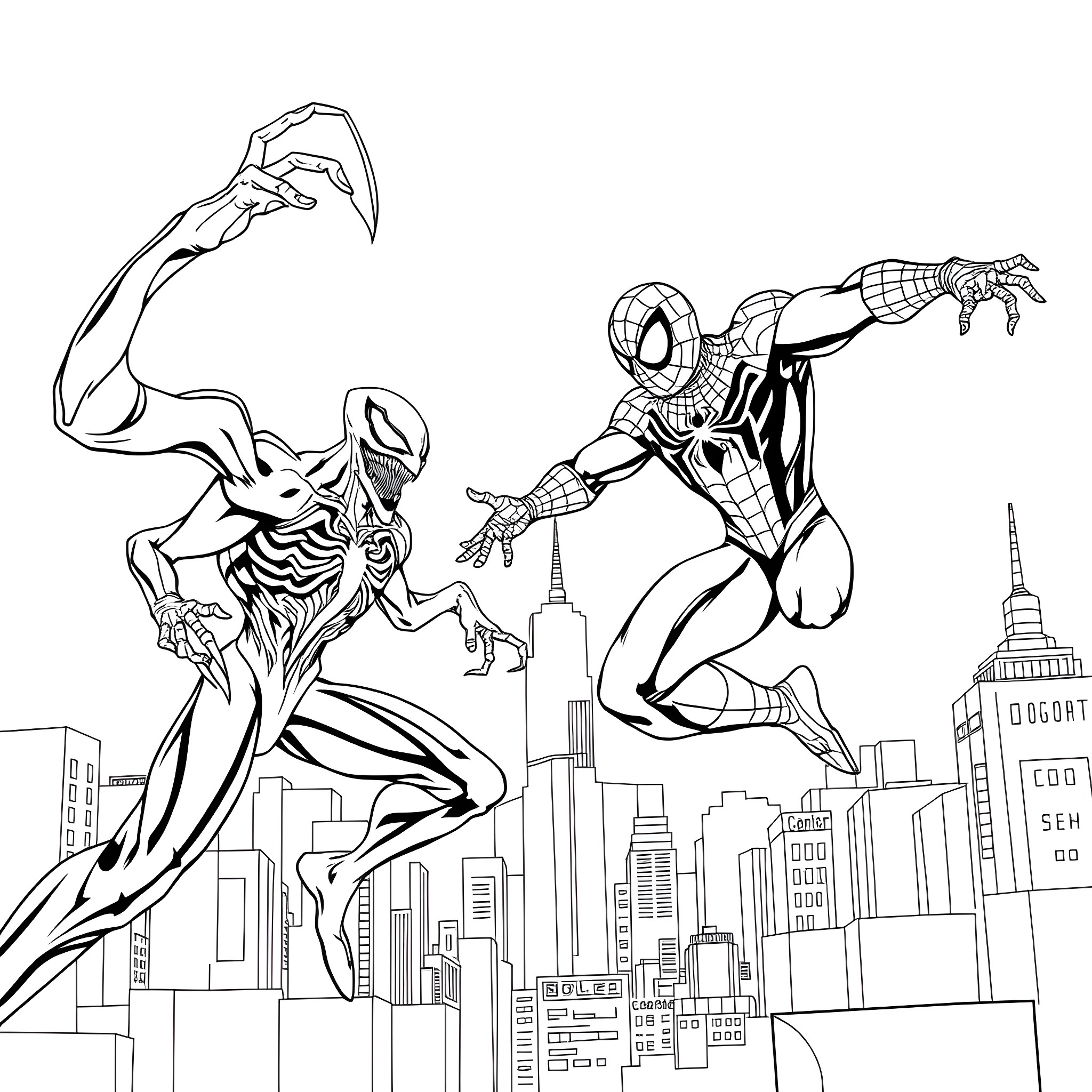 Spiderman swinging through the city skyline Coloring Page (free black-and-white line drawing printable PDF for all, from beginners to advanced learners, including children, teens, adults, and seniors)
