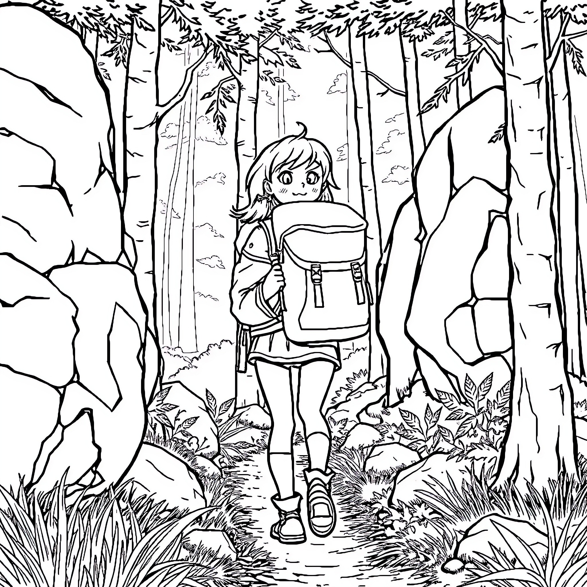 Fille exploring the forest with backpack Coloring Page (free black-and-white line drawing printable PDF for all, from beginners to advanced learners, including children, teens, adults, and seniors)