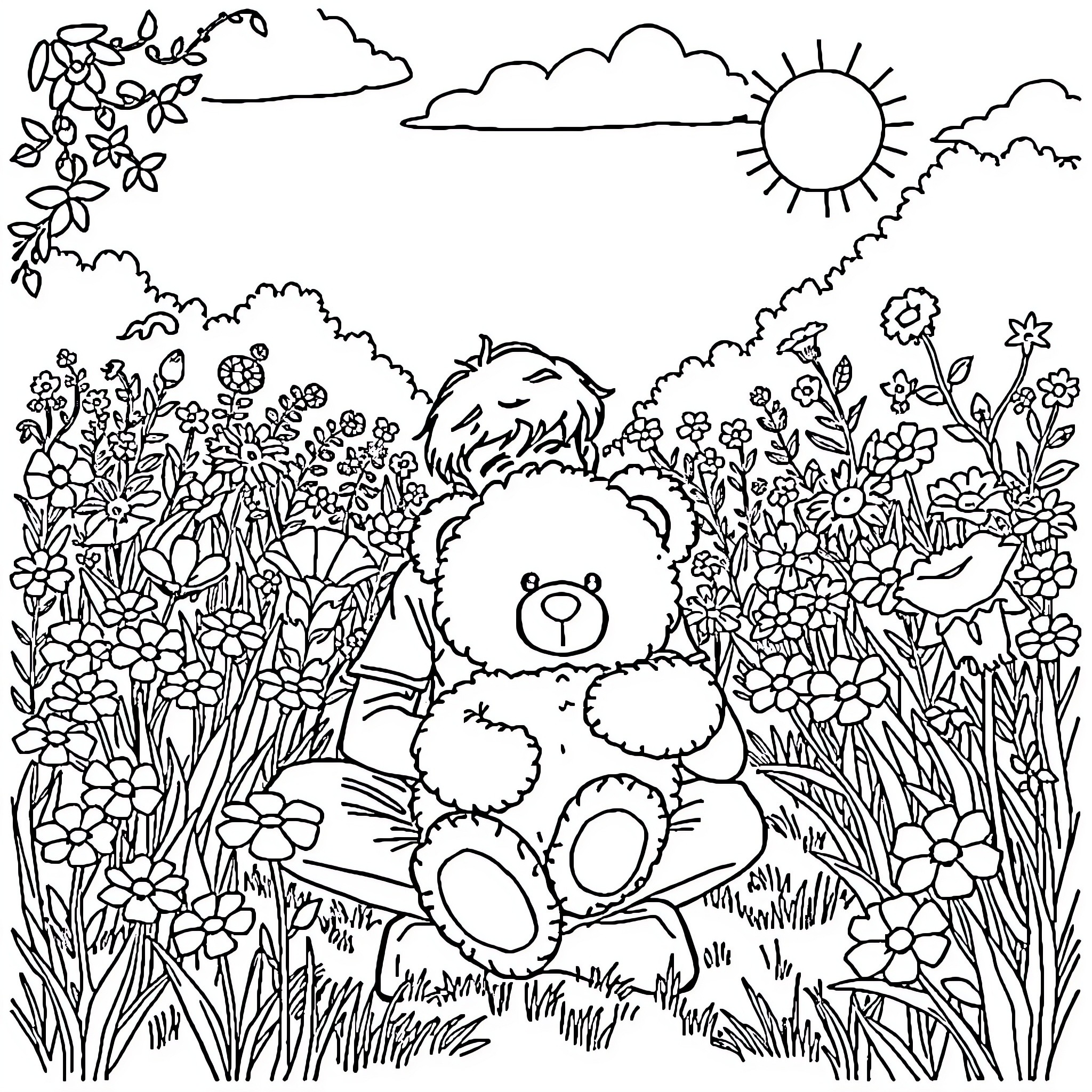 Teddy Bear relaxing in a floral meadow Coloring Page (free black-and-white line drawing printable PDF for all, from beginners to advanced learners, including children, teens, adults, and seniors)