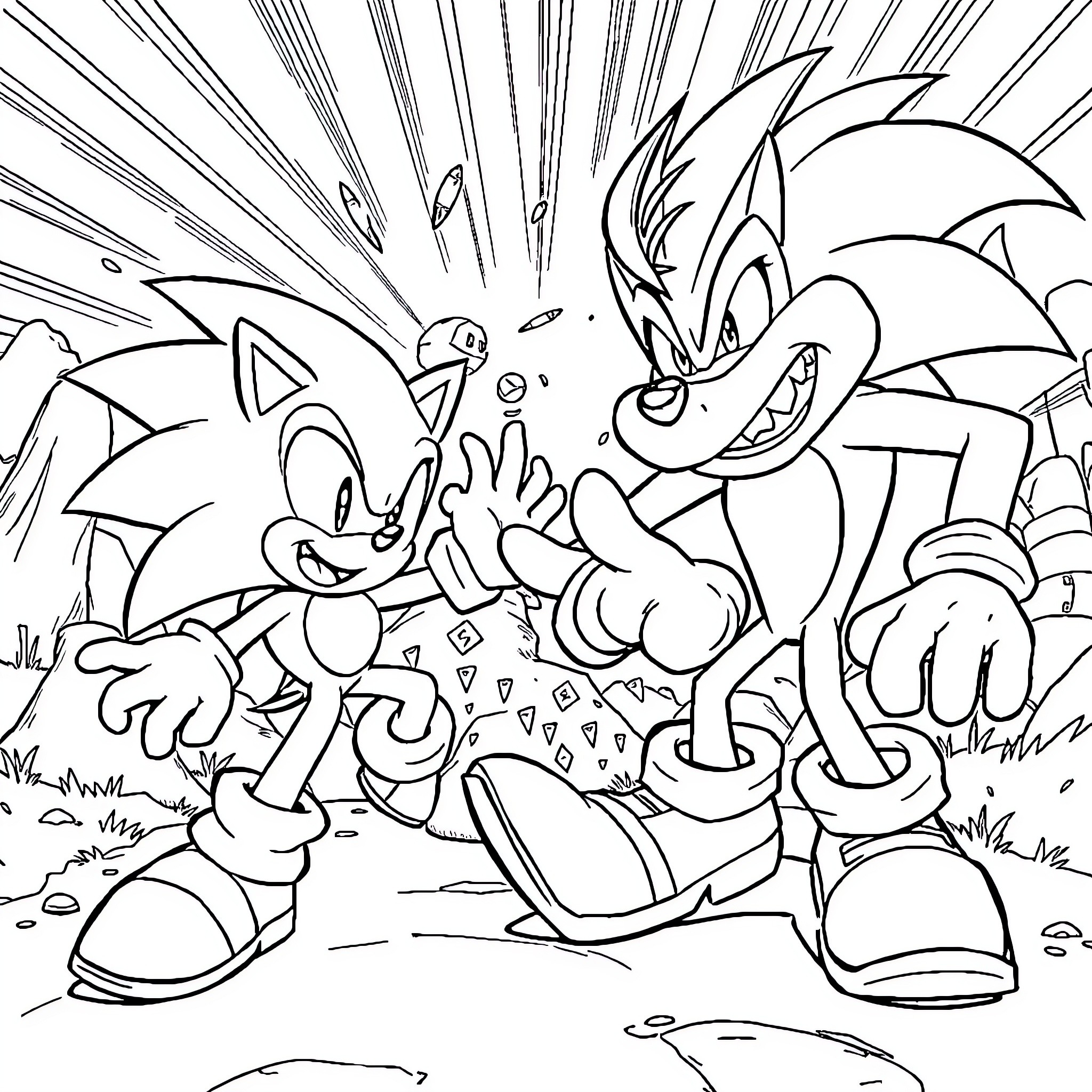Sonic characters engaged in a playful encounter Coloring Page (free black-and-white line drawing printable PDF for all, from beginners to advanced learners, including children, teens, adults, and seniors)
