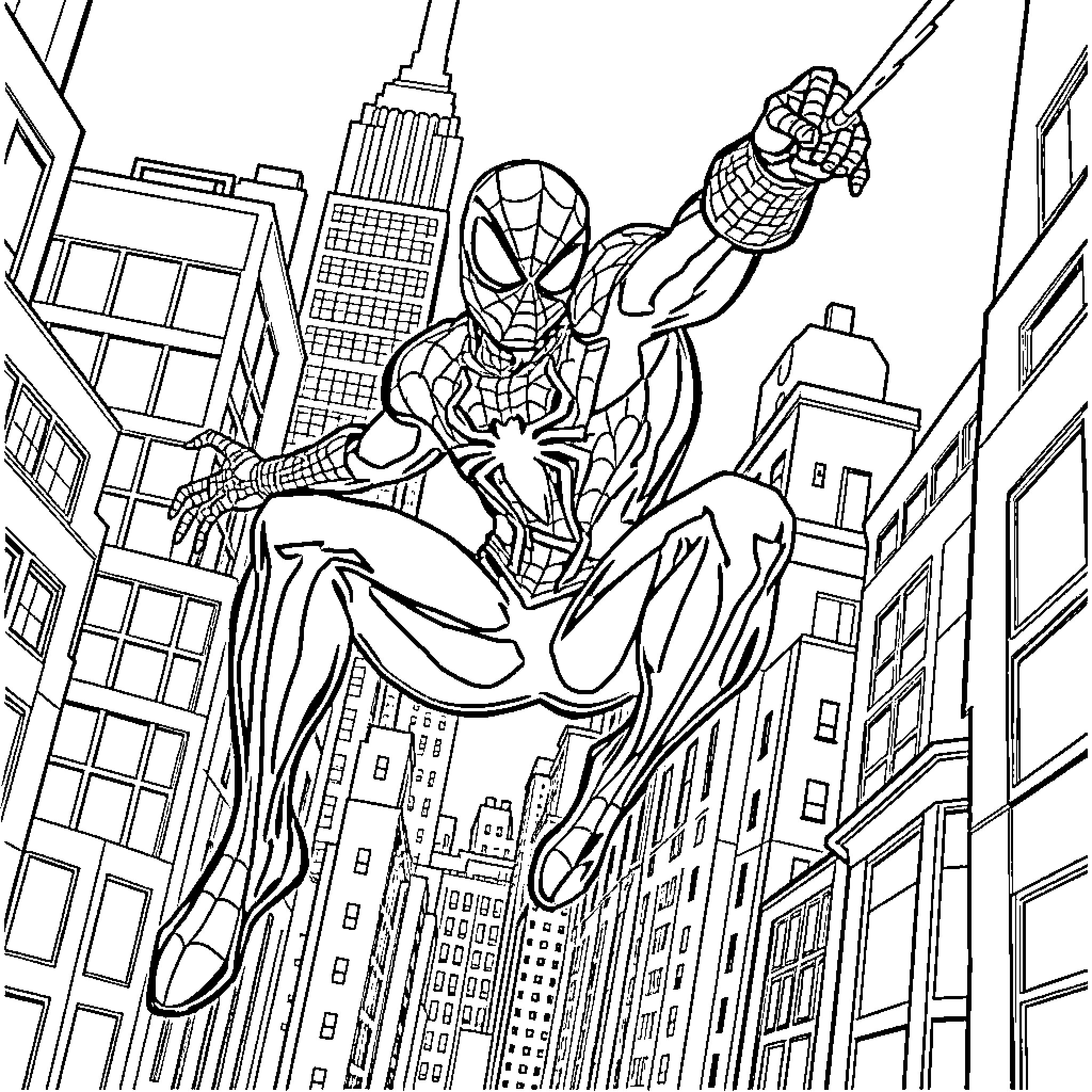 Spiderman swinging through the city streets Coloring Page (free black-and-white line drawing printable PDF for all, from beginners to advanced learners, including children, teens, adults, and seniors)