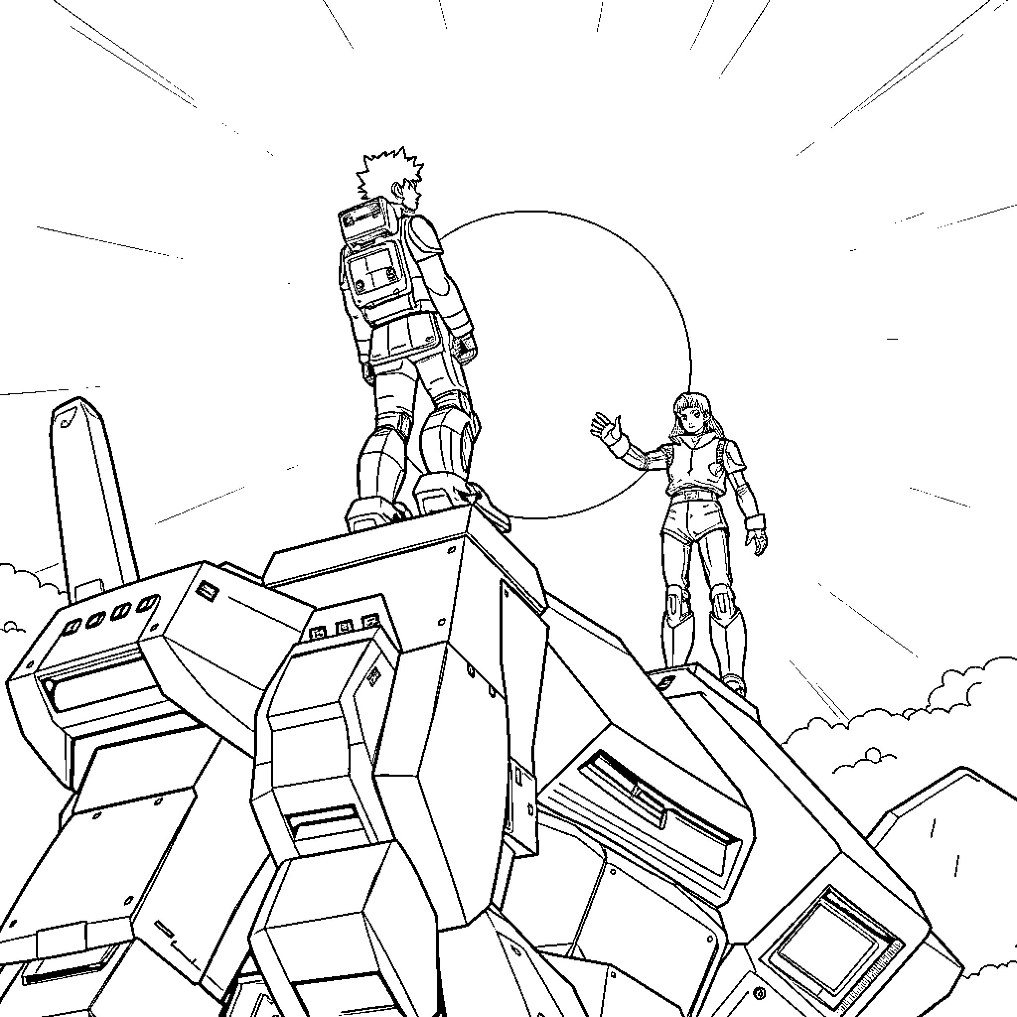 Ryan's Heroic Encounter with Futuristic Machines Coloring Page (free black-and-white line drawing printable PDF for all, from beginners to advanced learners, including children, teens, adults, and seniors)