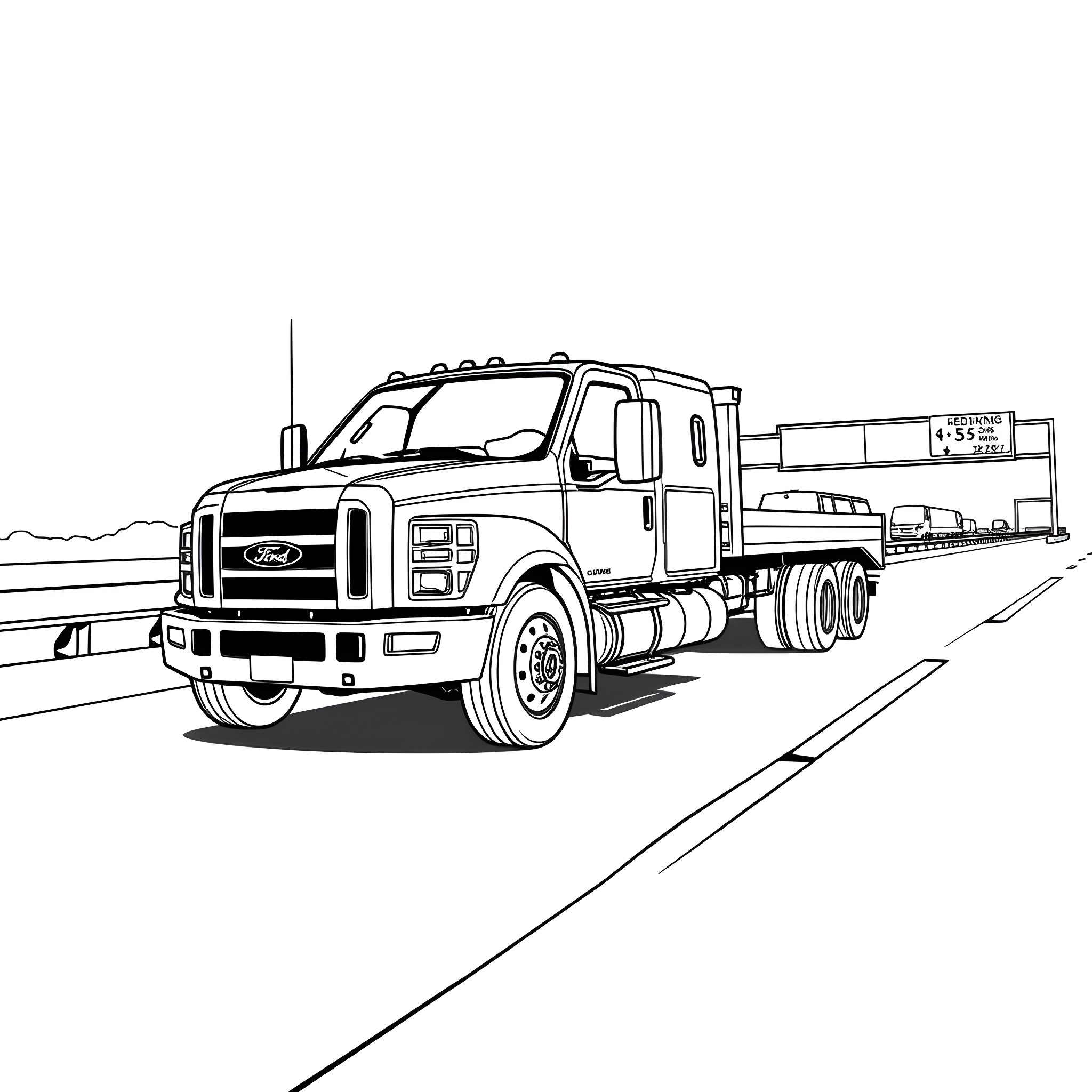 Ford Lightning truck carrying trailer on highway Coloring Page (free black-and-white line drawing printable PDF for all, from beginners to advanced learners, including children, teens, adults, and seniors)