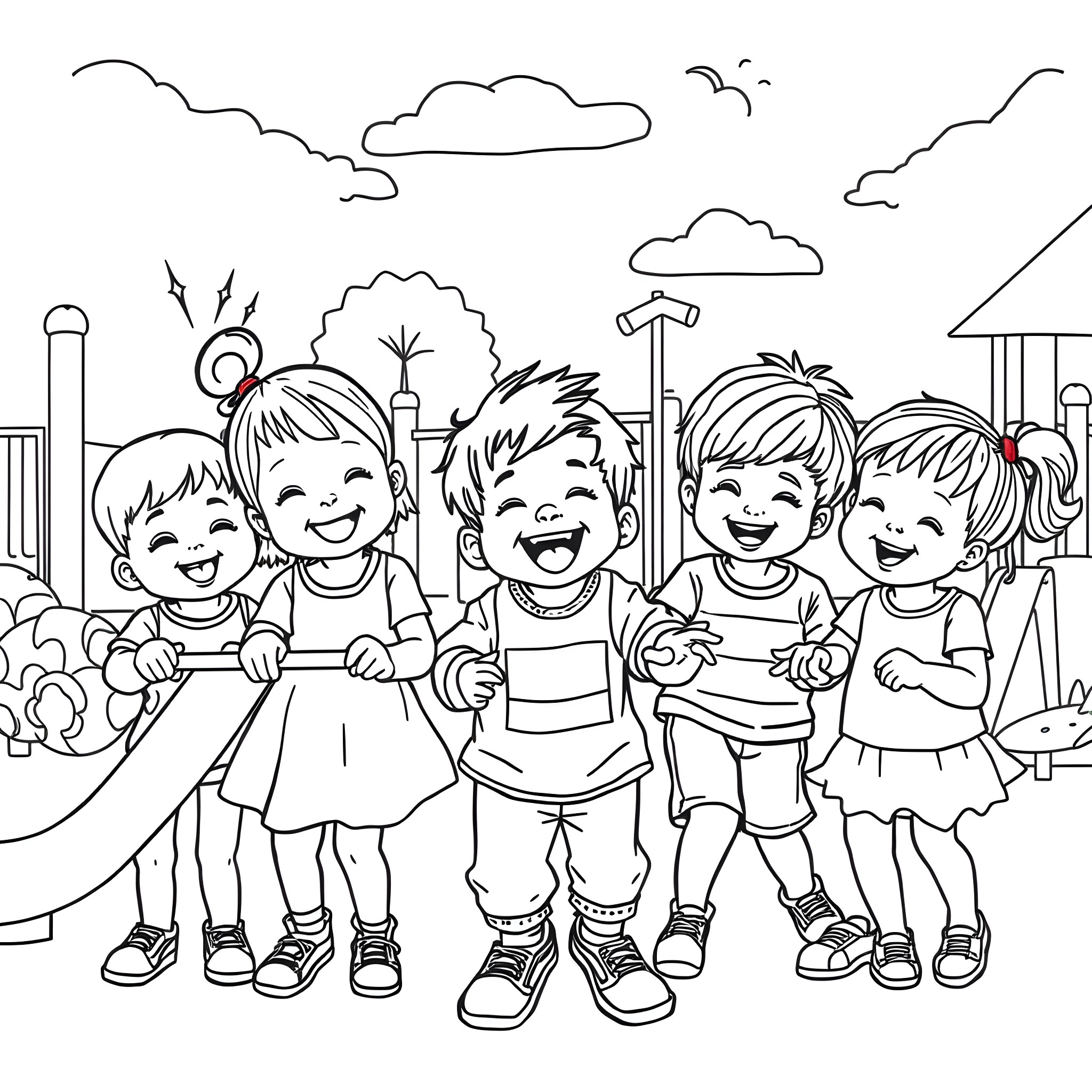 Child playing happily with friends at the playground Coloring Page (free black-and-white line drawing printable PDF for all, from beginners to advanced learners, including children, teens, adults, and seniors)