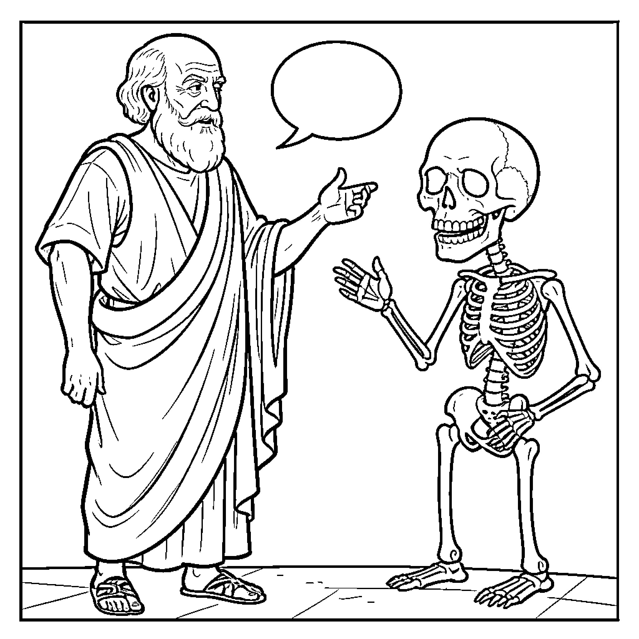 Socrates debating a skeleton in ancient robes Coloring Page (free black-and-white line drawing printable PDF for all, from beginners to advanced learners, including children, teens, adults, and seniors)