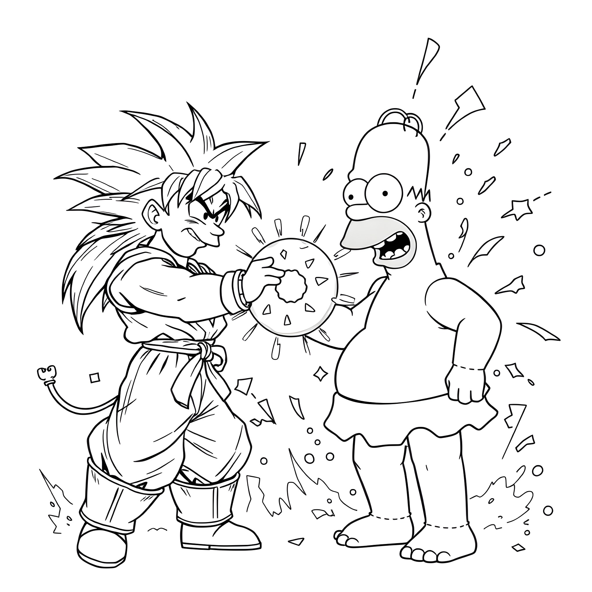 Goku facing off against Homer Simpson in a hilarious battle Coloring Page (free black-and-white line drawing printable PDF for all, from beginners to advanced learners, including children, teens, adults, and seniors)