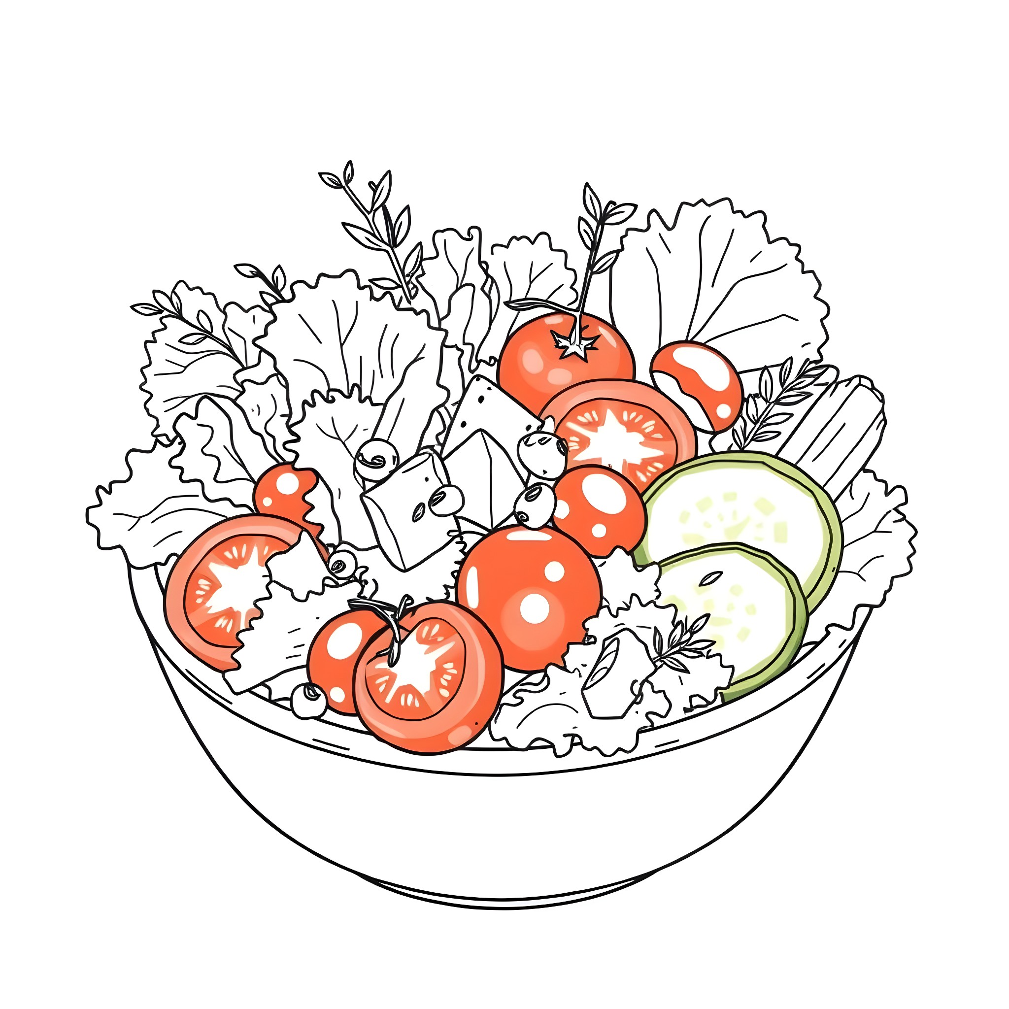 Salad with fresh vegetables and herbs Coloring Page (free black-and-white line drawing printable PDF for all, from beginners to advanced learners, including children, teens, adults, and seniors)