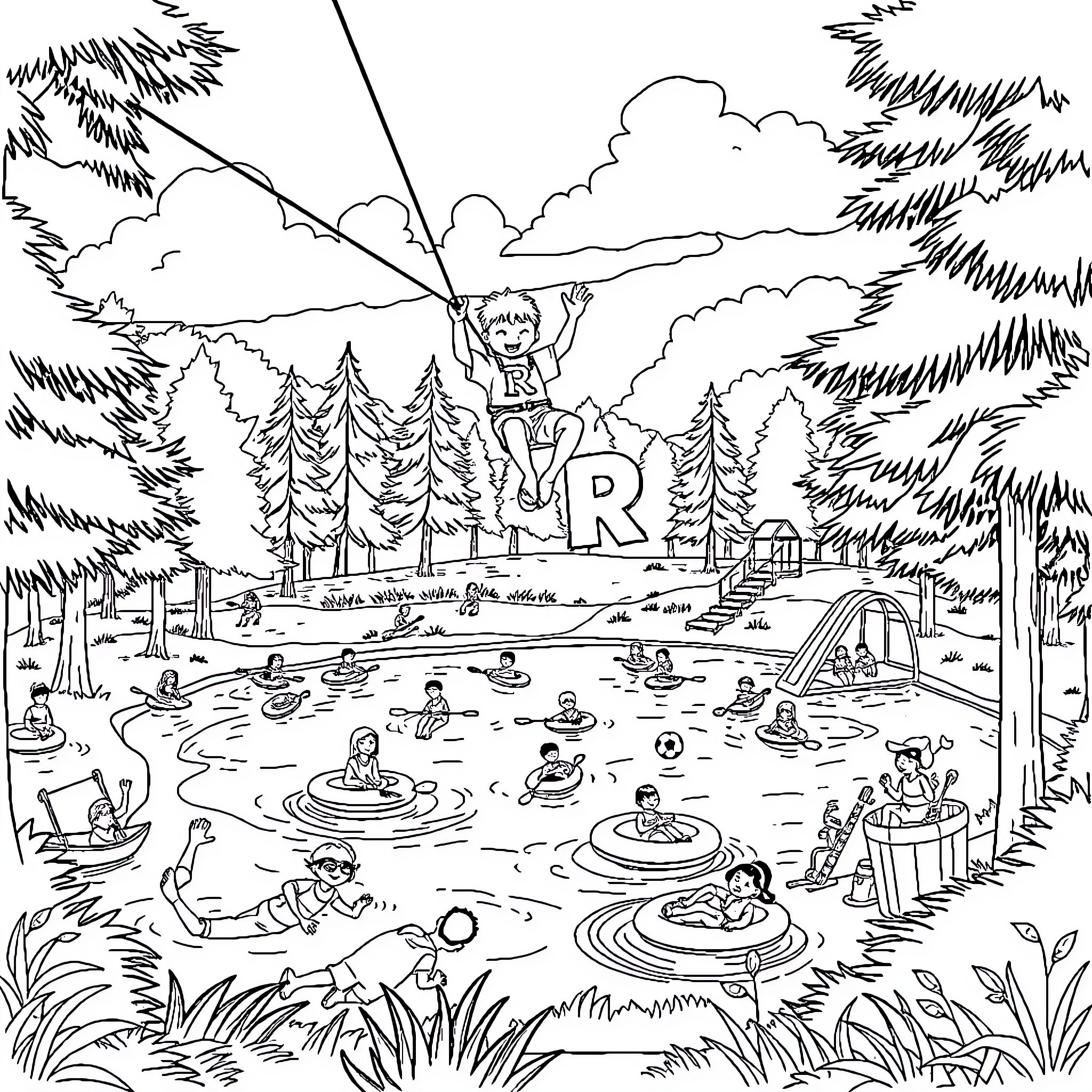 Campers enjoying activities at a scenic outdoor retreat Coloring Page (free black-and-white line drawing printable PDF for all, from beginners to advanced learners, including children, teens, adults, and seniors)