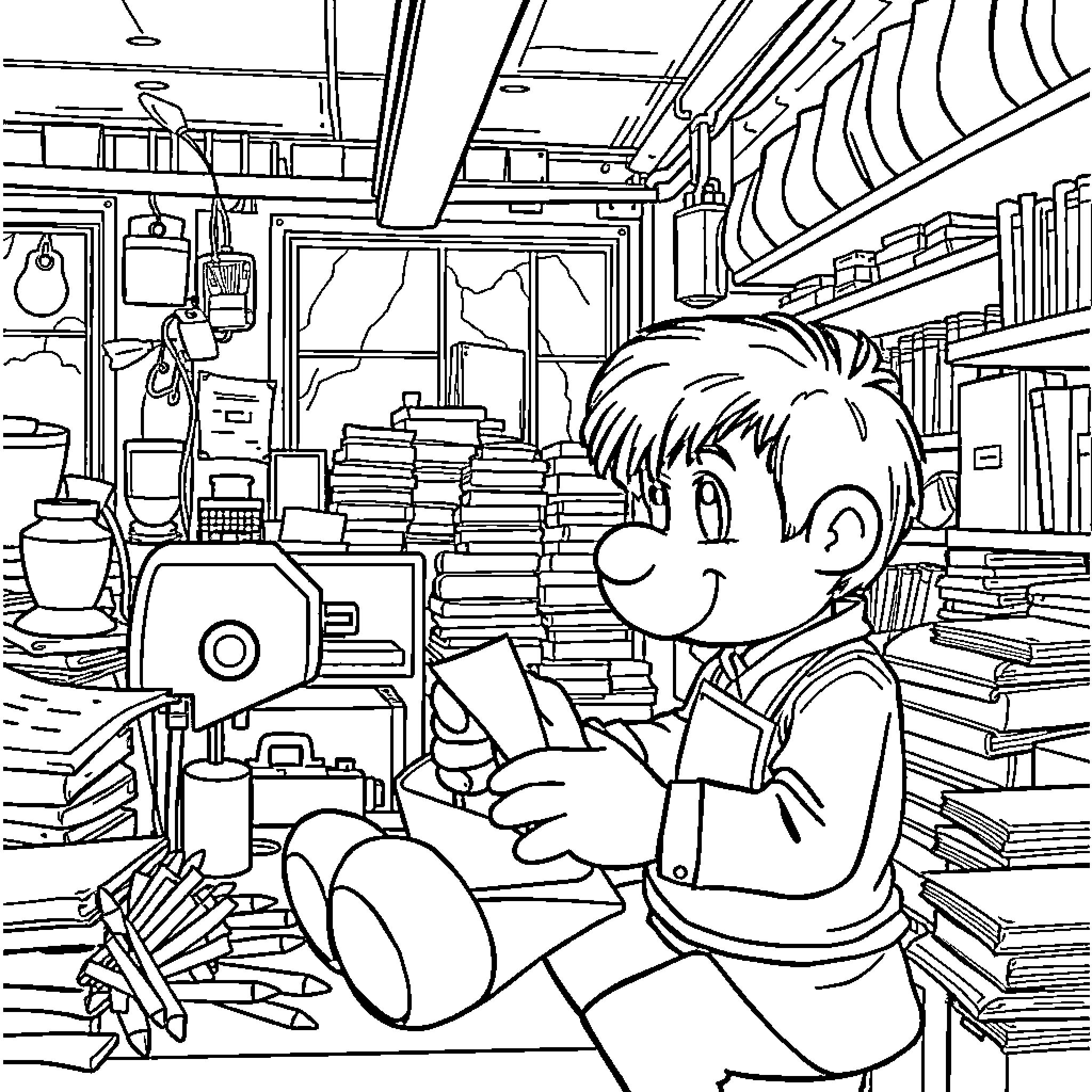 Ludovico's Cozy Bookshop Adventure Coloring Page (free black-and-white line drawing printable PDF for all, from beginners to advanced learners, including children, teens, adults, and seniors)