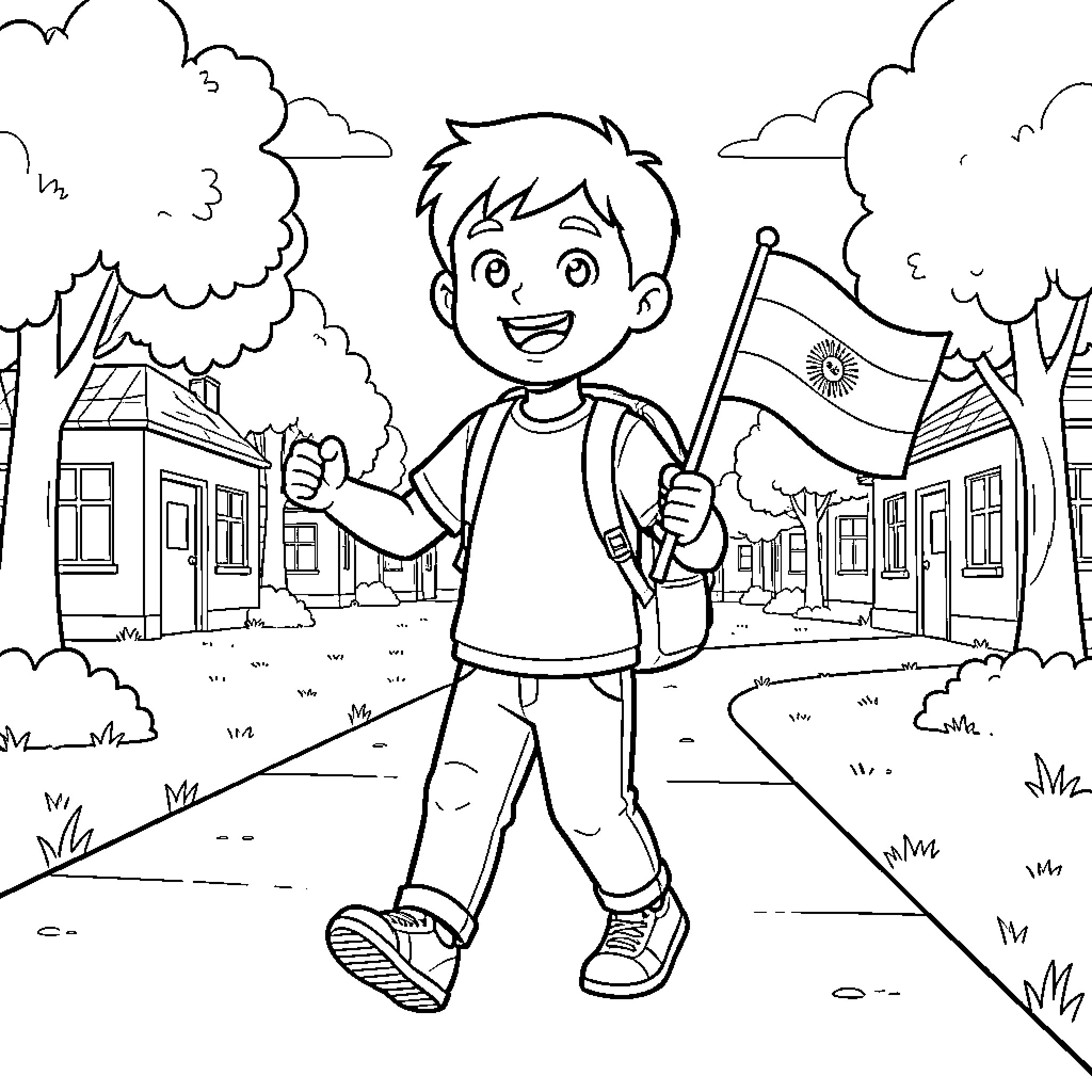 Chico's Adventure in a Small Town Coloring Page (free black-and-white line drawing printable PDF for all, from beginners to advanced learners, including children, teens, adults, and seniors)