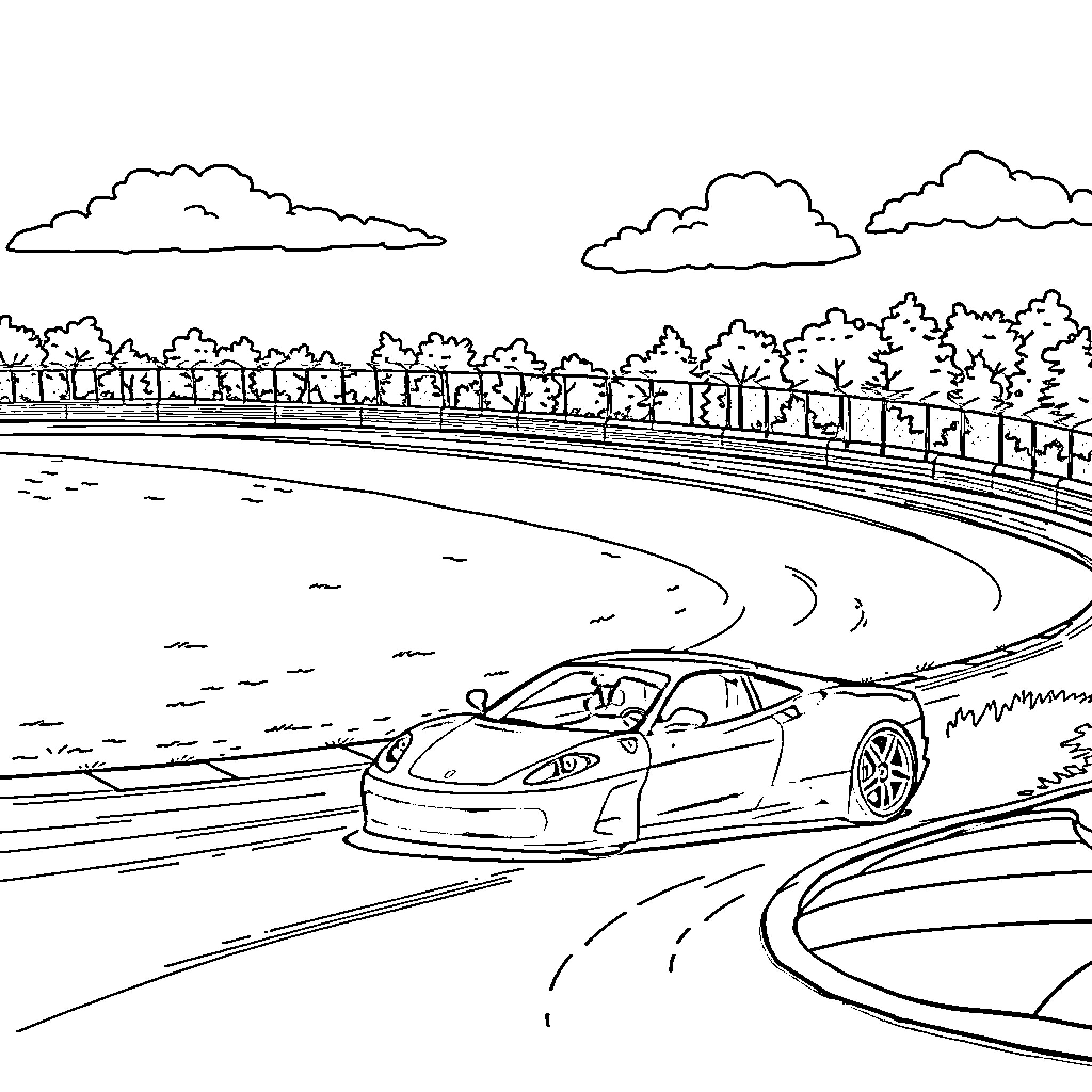 Ferrari racing on winding road through countryside Coloring Page (free black-and-white line drawing printable PDF for all, from beginners to advanced learners, including children, teens, adults, and seniors)