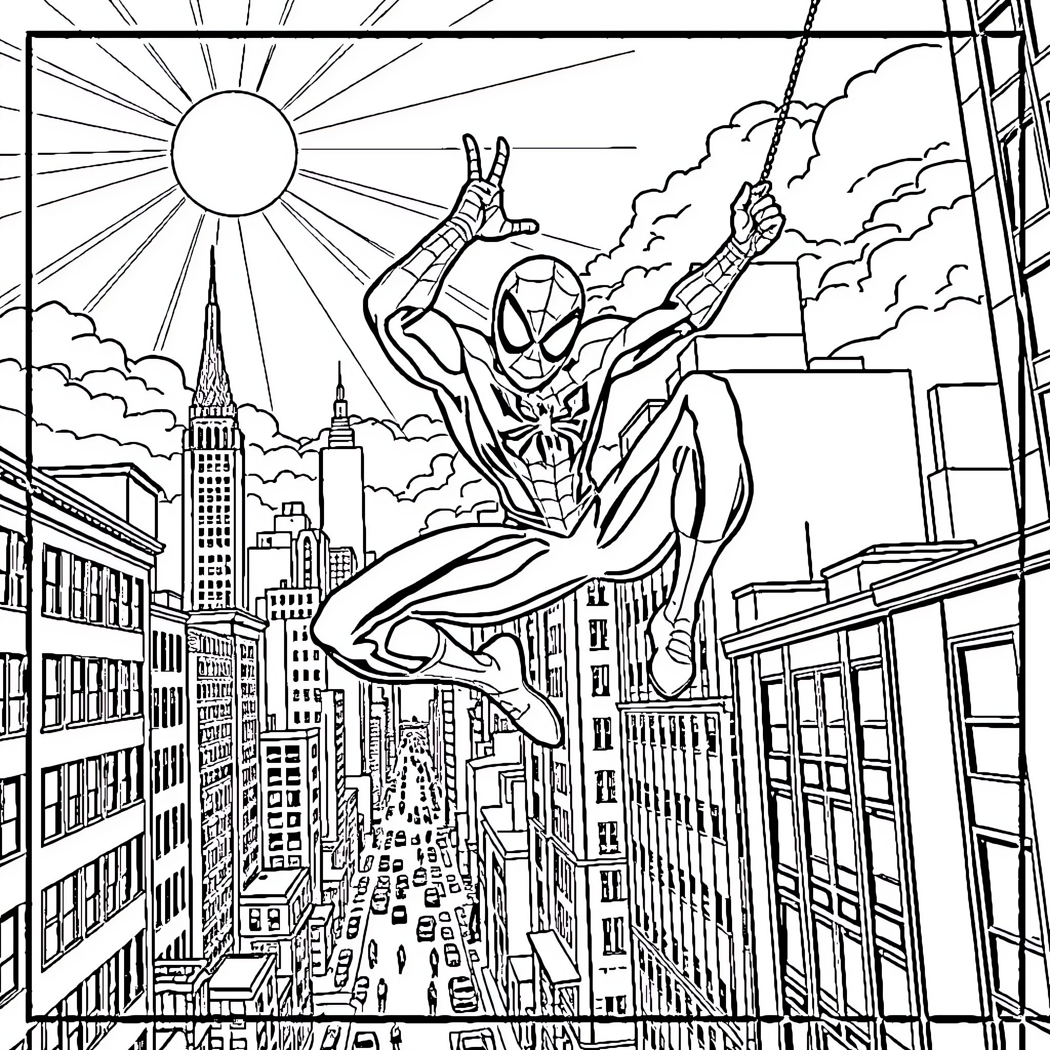 Spider-Man swinging through the city skyline Coloring Page (free black-and-white line drawing printable PDF for all, from beginners to advanced learners, including children, teens, adults, and seniors)
