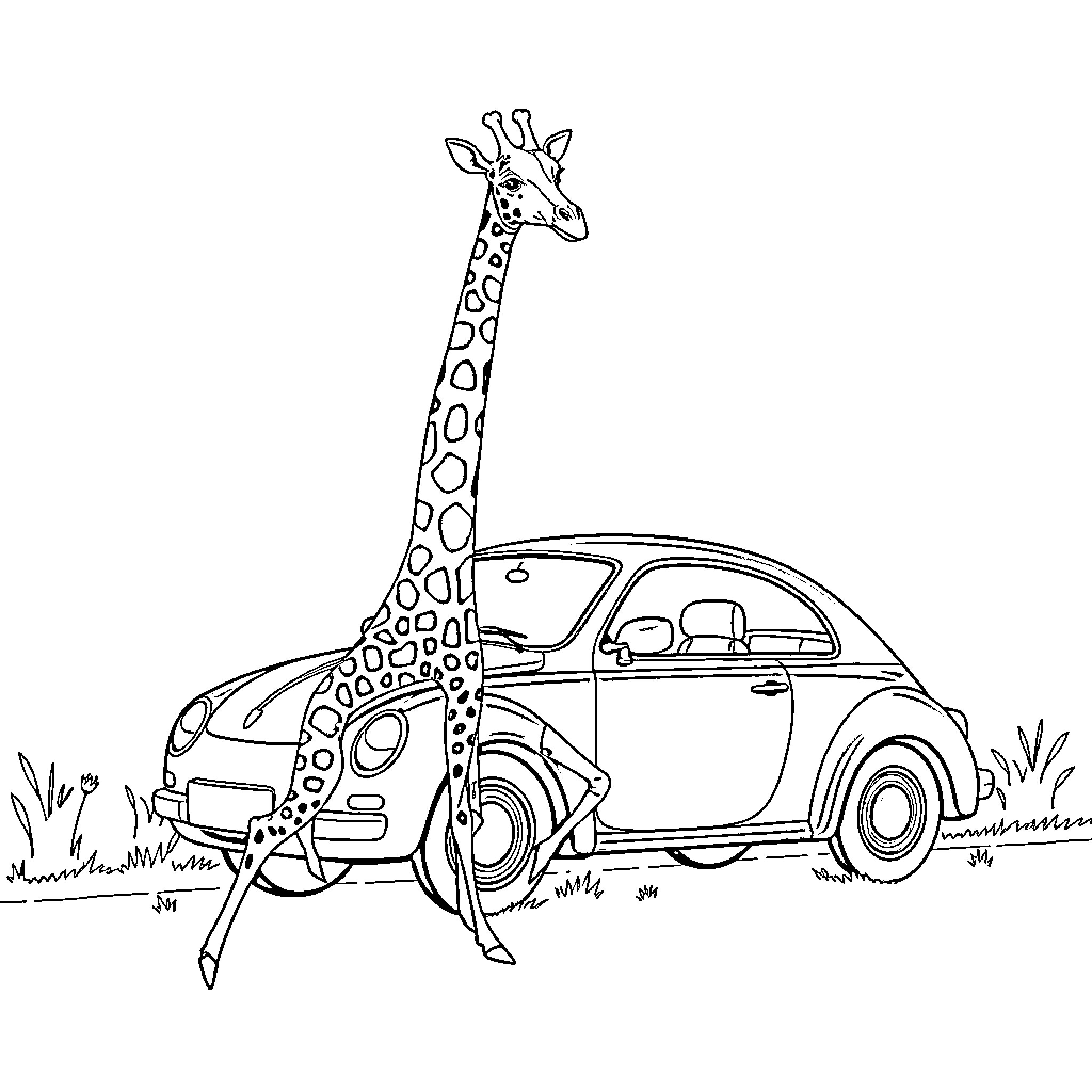 Giraffe enjoying a ride in a classic car Coloring Page (free black-and-white line drawing printable PDF for all, from beginners to advanced learners, including children, teens, adults, and seniors)