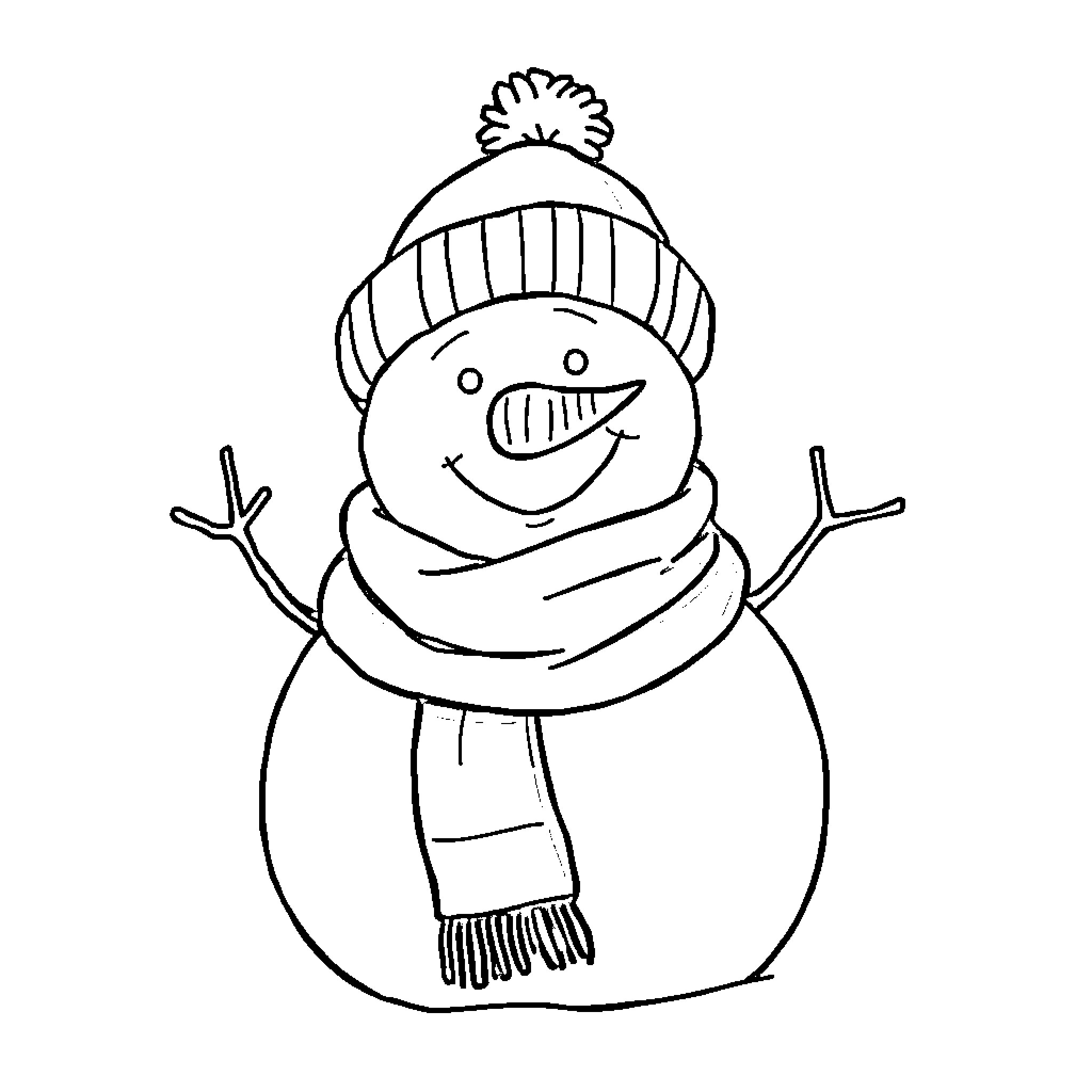 Snowman smiling and waving in winter outfit Coloring Page (free black-and-white line drawing printable PDF for all, from beginners to advanced learners, including children, teens, adults, and seniors)